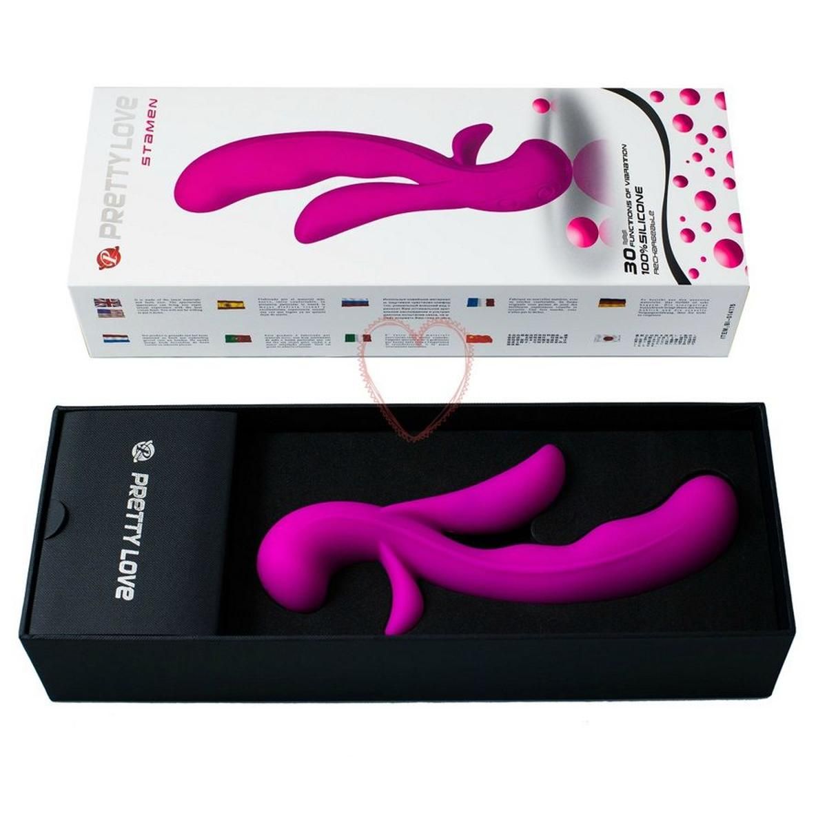 Produktverpackung mit Vibrator. Produktname und Details auf der Verpackung. Schwarze Schachtel.