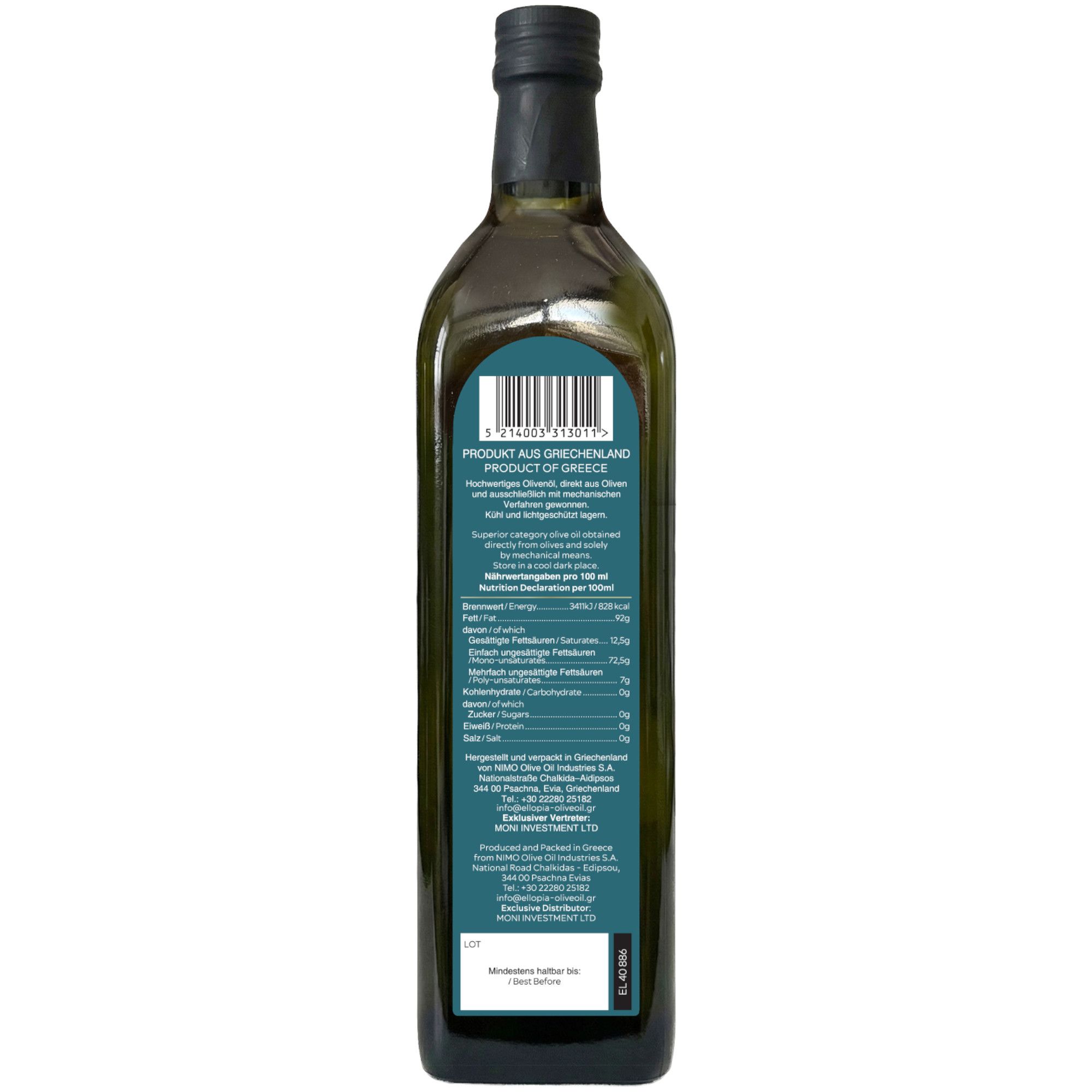 Dunkle Glasflasche mit Olivenöl, Etikett mit Nährwertangaben und Barcode. "Produkt aus Griechenland".