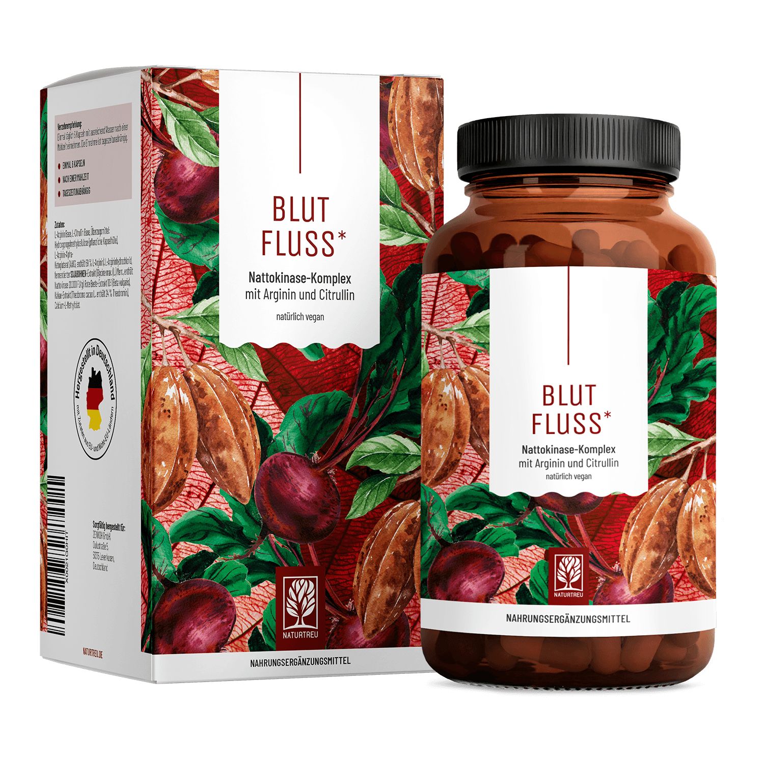 Naturtreu Nattokinase Komplex Dose und Karton mit roter Bete und Kakaobohnen.