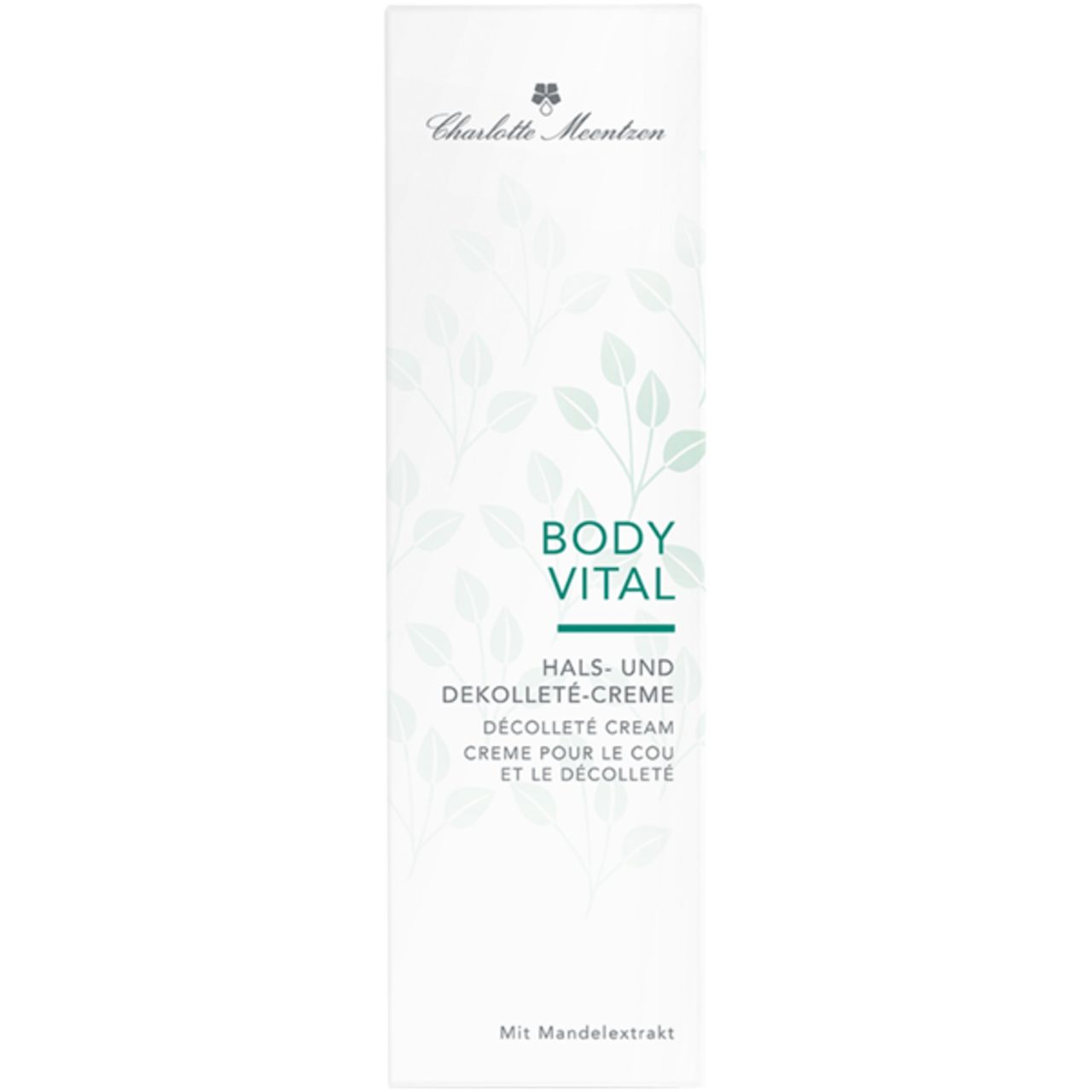 Verpackung der Charlotte Meentzen Body Vital Hals- und Dekolletè-Creme. Weiß, mit grünen Blättern und Produktbezeichnung. Text: Body Vital, Hals- und Dekolletè-Creme.