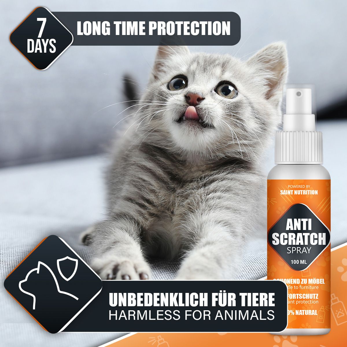 Sprühflasche neben Katze. Text: Anti Scratch Spray, 100 ml, 100% Natural. Marke: Saint Nutrition. Text: Unbedenklich für Tiere.