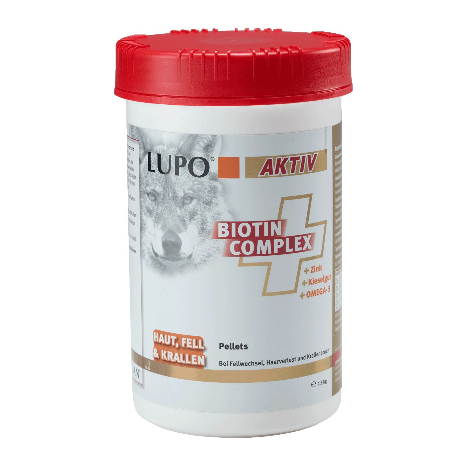 Weißes Behältnis mit rotem Deckel. Aufschrift: LUPO AKTIV Biotin Complex. Enthält Zink, Kieselsäure, Omega-3. Für Haut, Fell & Krallen.