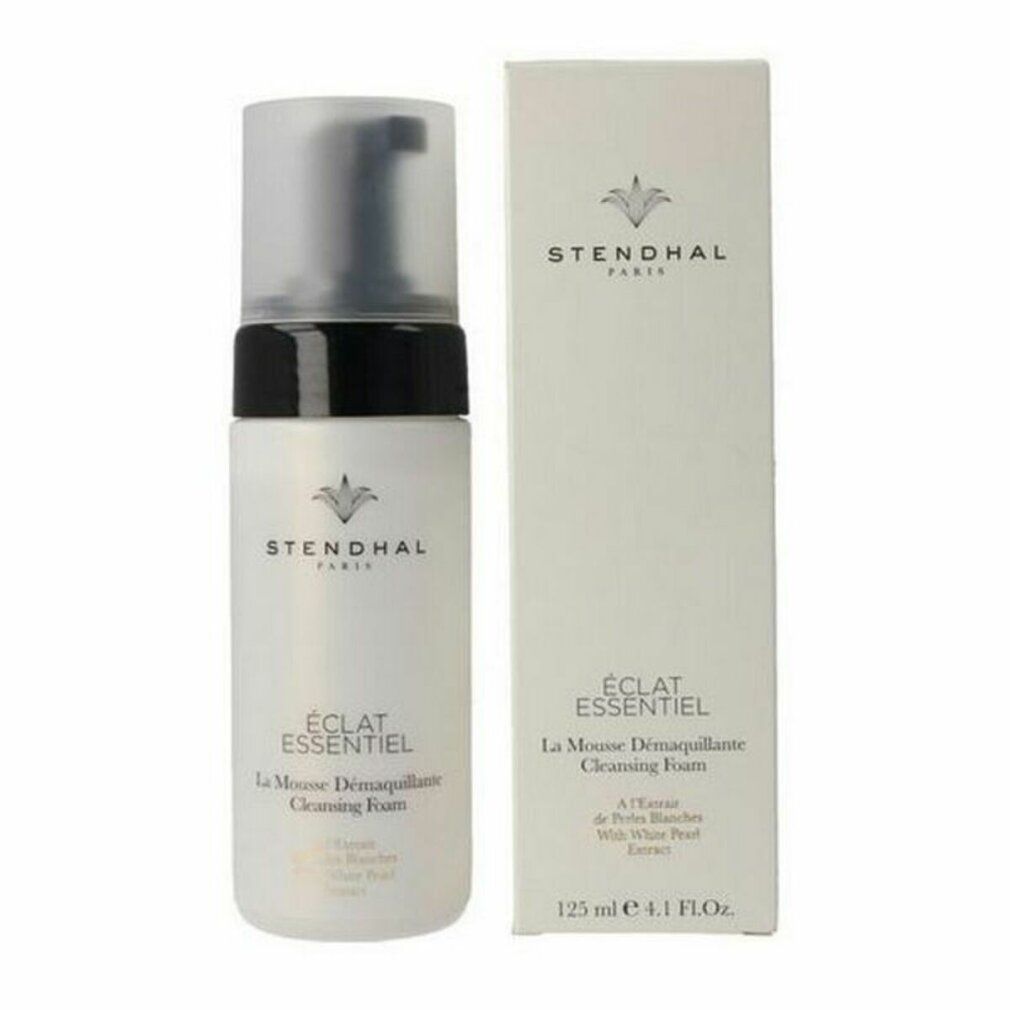 Weißes Fläschchen mit schwarzem Pumpkopf und Karton. Aufschrift: Stendhal Paris, Éclat Essentiel, La Mousse Demaquillante Cleansing Foam.