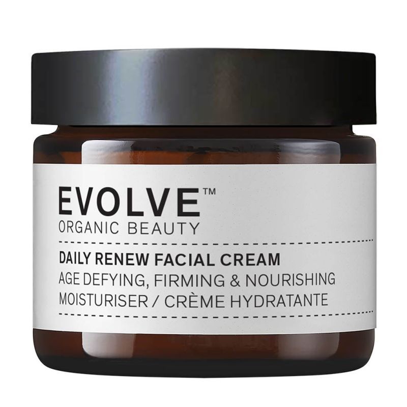 Braune Glasdose mit schwarzem Deckel. Aufkleber mit weißem Hintergrund und schwarzer Schrift: EVOLVE, Daily Renew Facial Cream, Feuchtigkeitspflege.