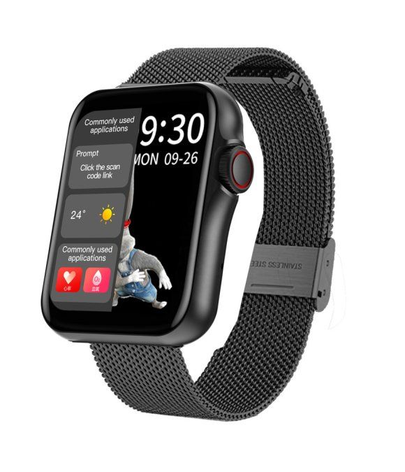 Schwarze Smartwatch mit Mesh-Armband. Das Display zeigt Uhrzeit, Datum und App-Symbole. Roter Knopf an der Seite.
