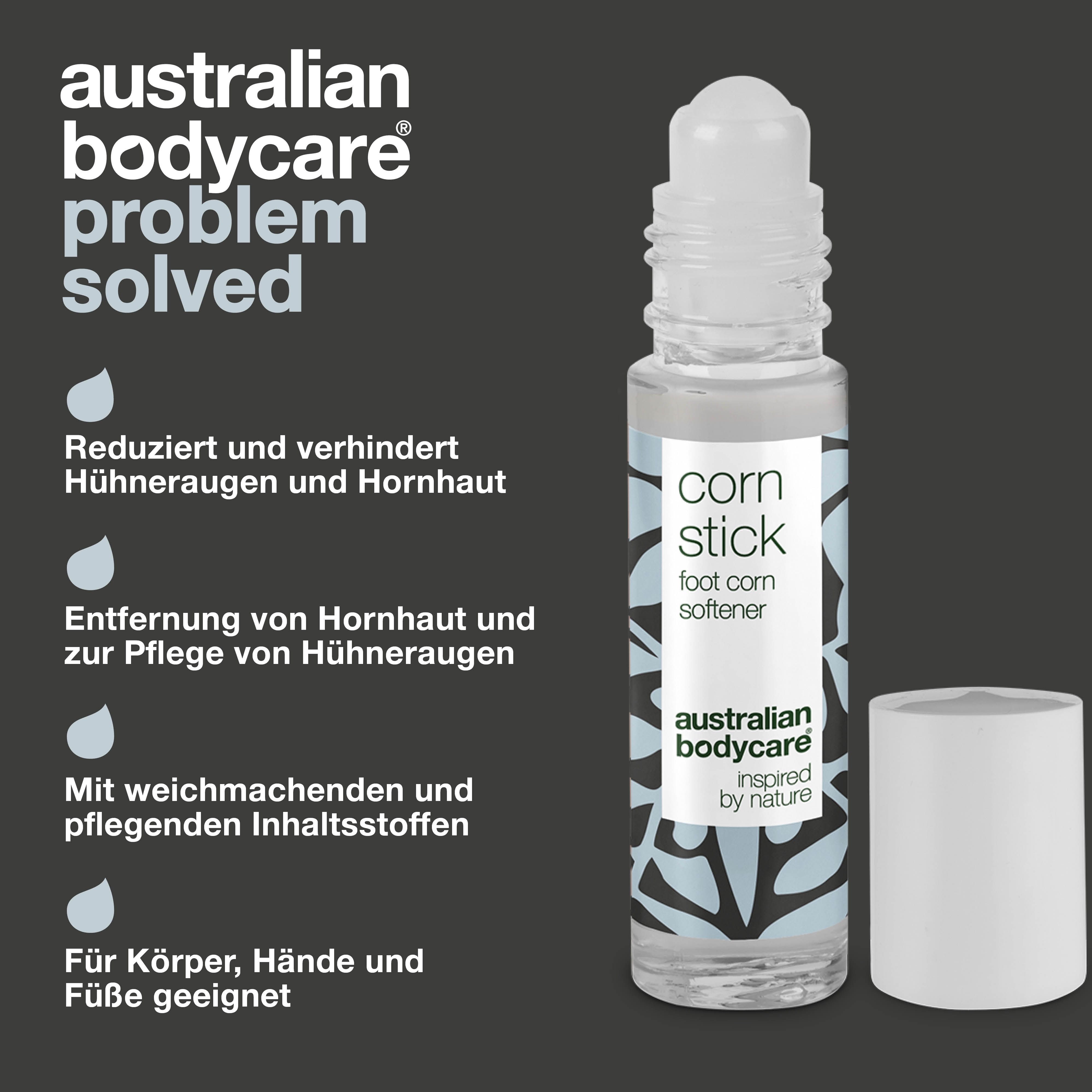 Roll-on-Flasche mit weißem Deckel. Aufschrift: corn stick, foot corn softener, australian bodycare.