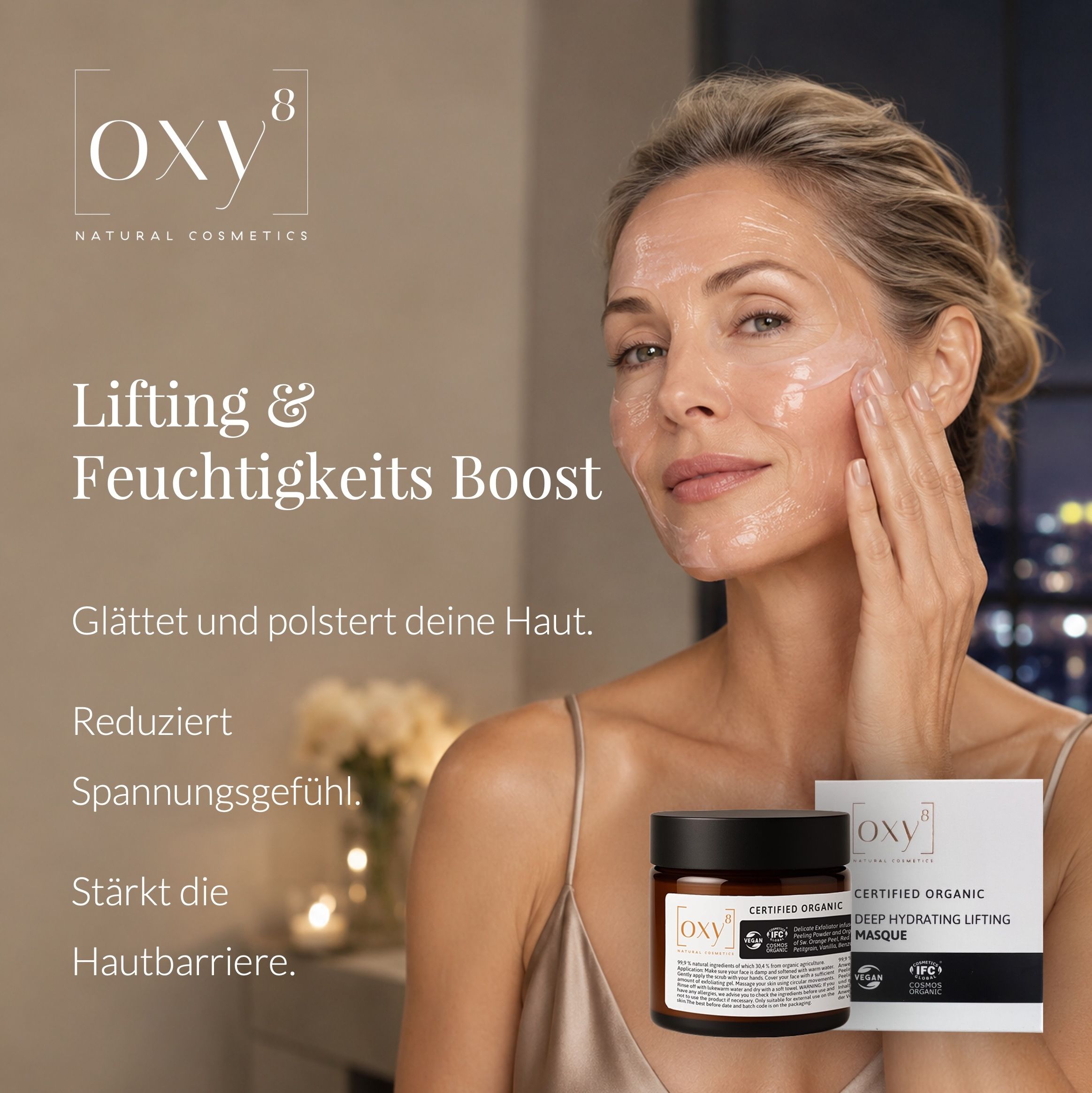 Frau mit Maske im Gesicht, OXY8 Logo, Text über Lifting und Feuchtigkeit.