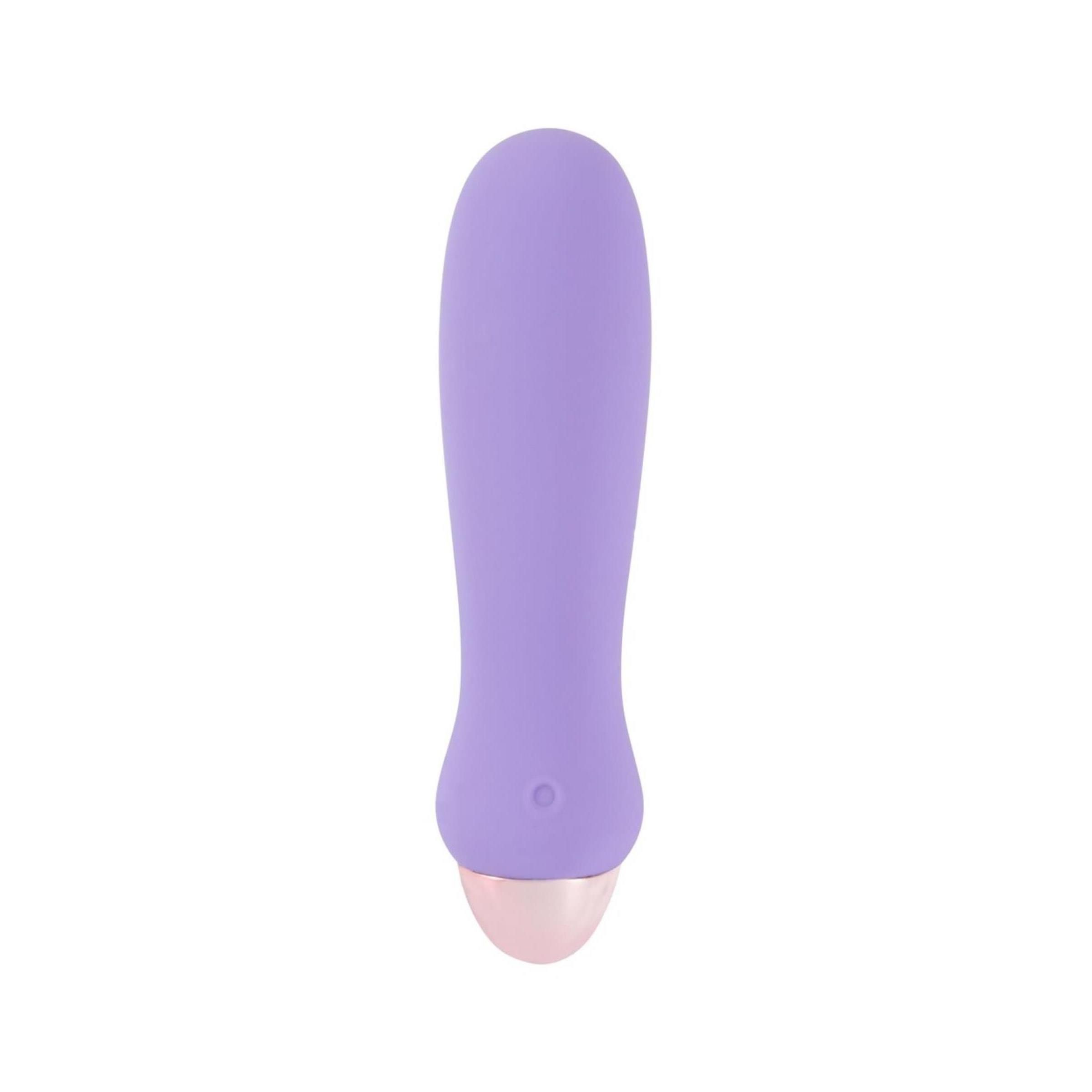Lila Vibrator mit rosafarbenem Kopf. Glatte Oberfläche. Aufrecht stehend.