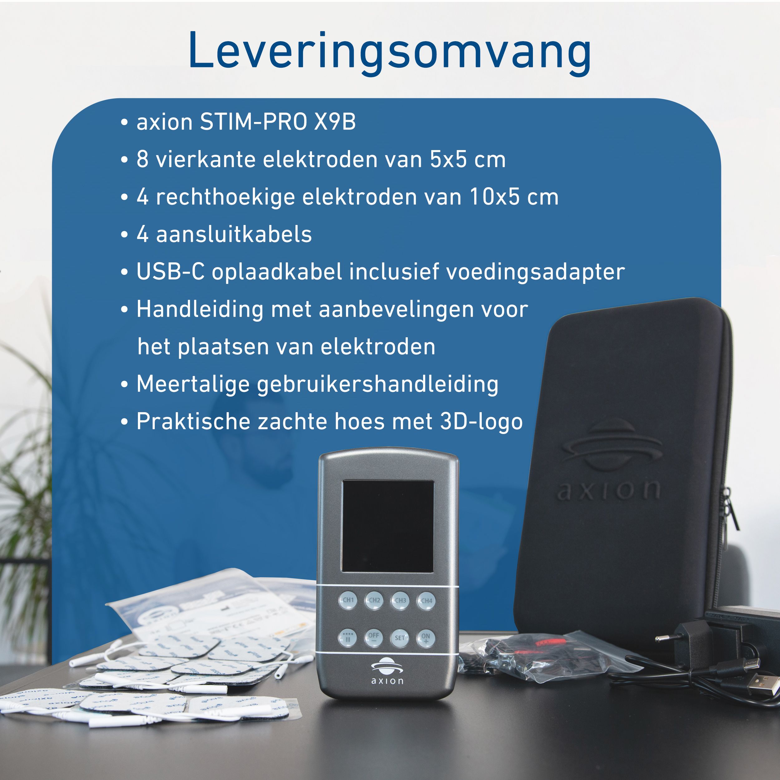 Collage van vrouwen met elektroden. Tekst: Pijnverlichting, spierstimulatie, bekkenbodem, massages. axion-logo.