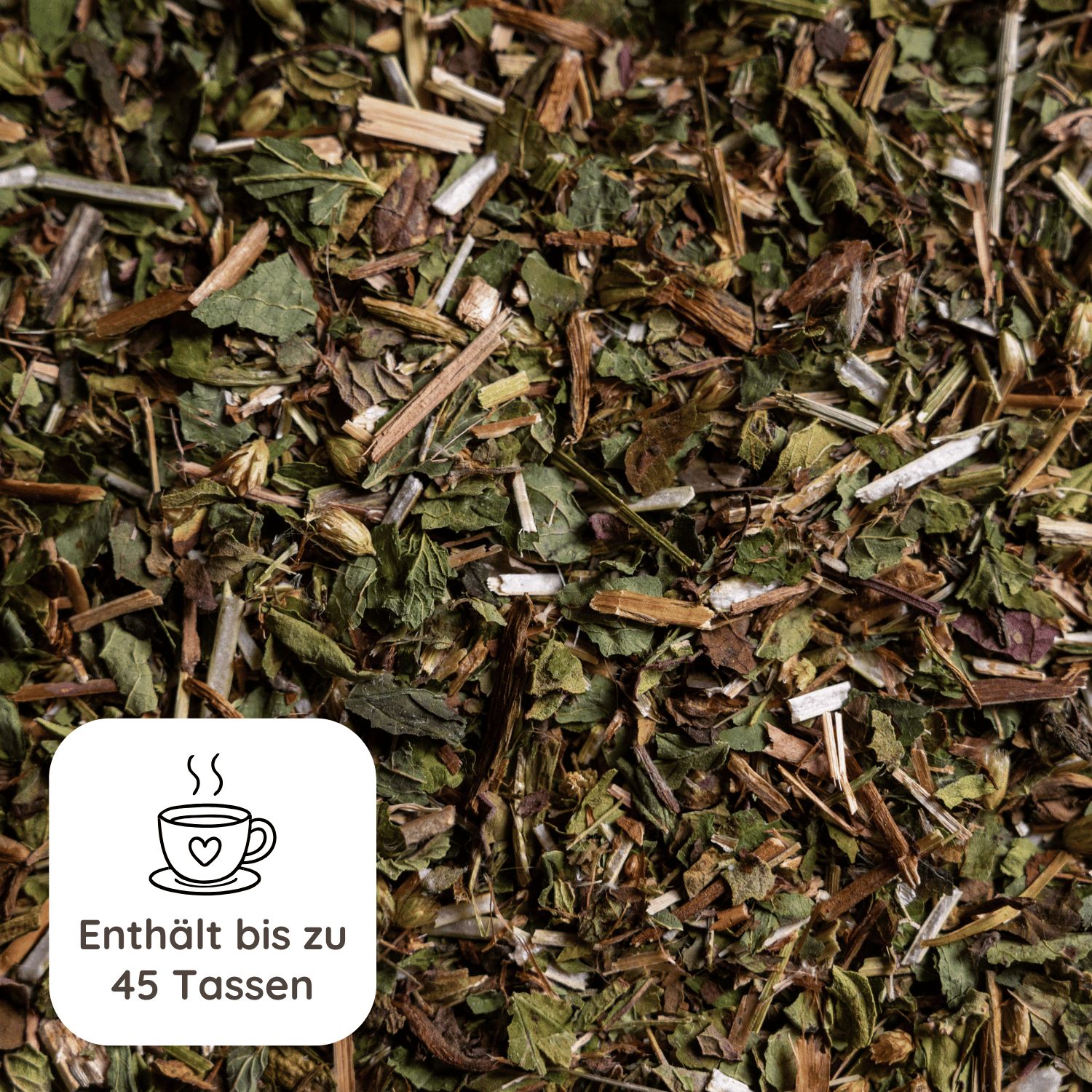 Nahaufnahme von getrockneten Kräutern. Text: Enthält bis zu 45 Tassen. Abgebildet ist eine Tasse Tee.