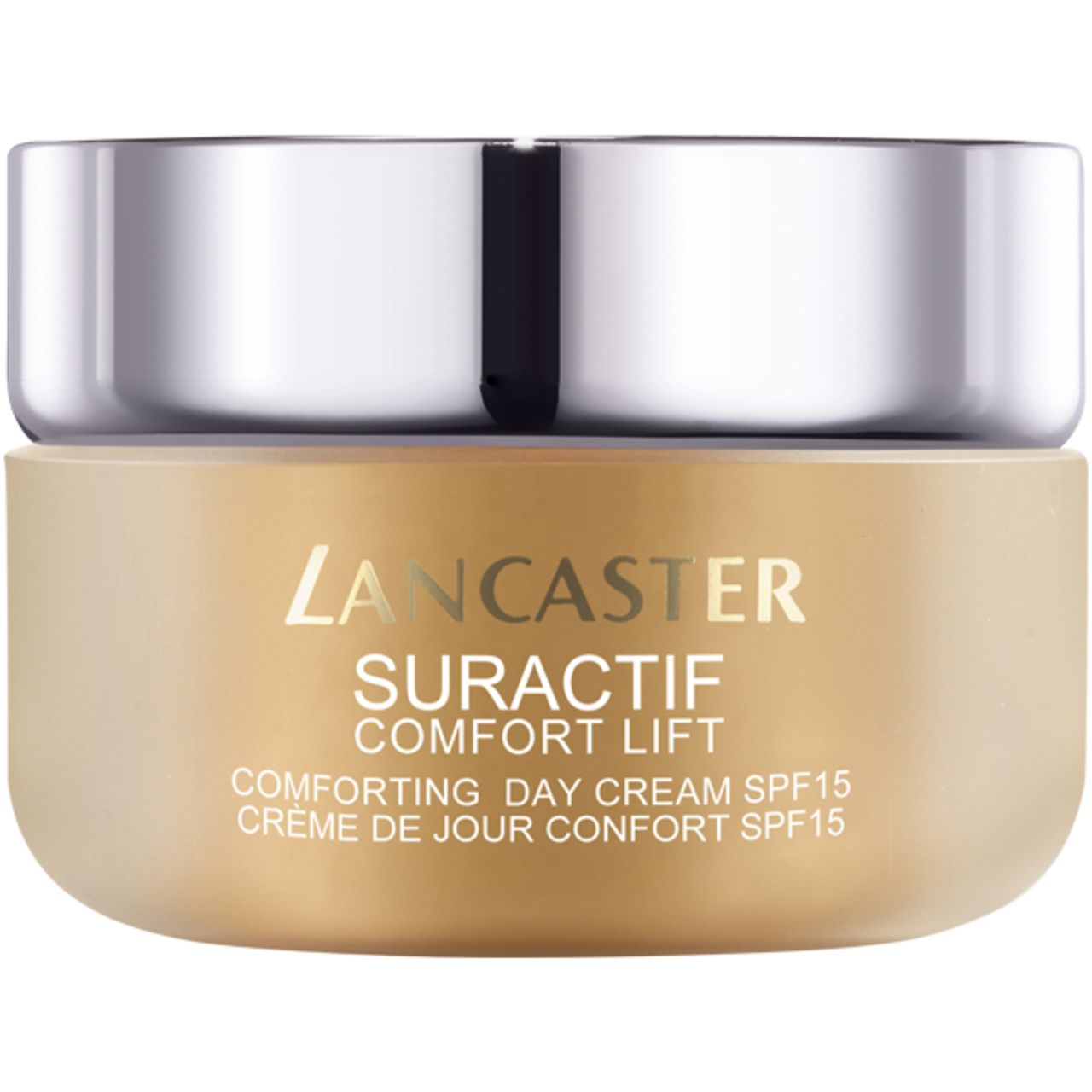 Vaso di crema beige con coperchio argentato. Scritta: Lancaster, Suractif Comfort Lift, Comforting Day Cream SPF15.