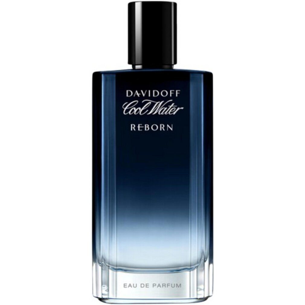 Davidoff Cool Water Reborn Eau de Parfum Flakon. Rechteckige Form, blau-transparenter Farbverlauf, schwarzer Deckel.