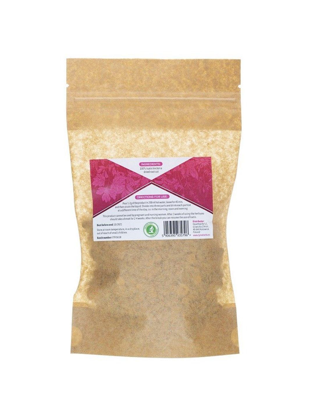 Rückseite eines Beutels mit geschnittenen Kräutern. Text mit Produktinformationen und Logo. Braune Verpackung.