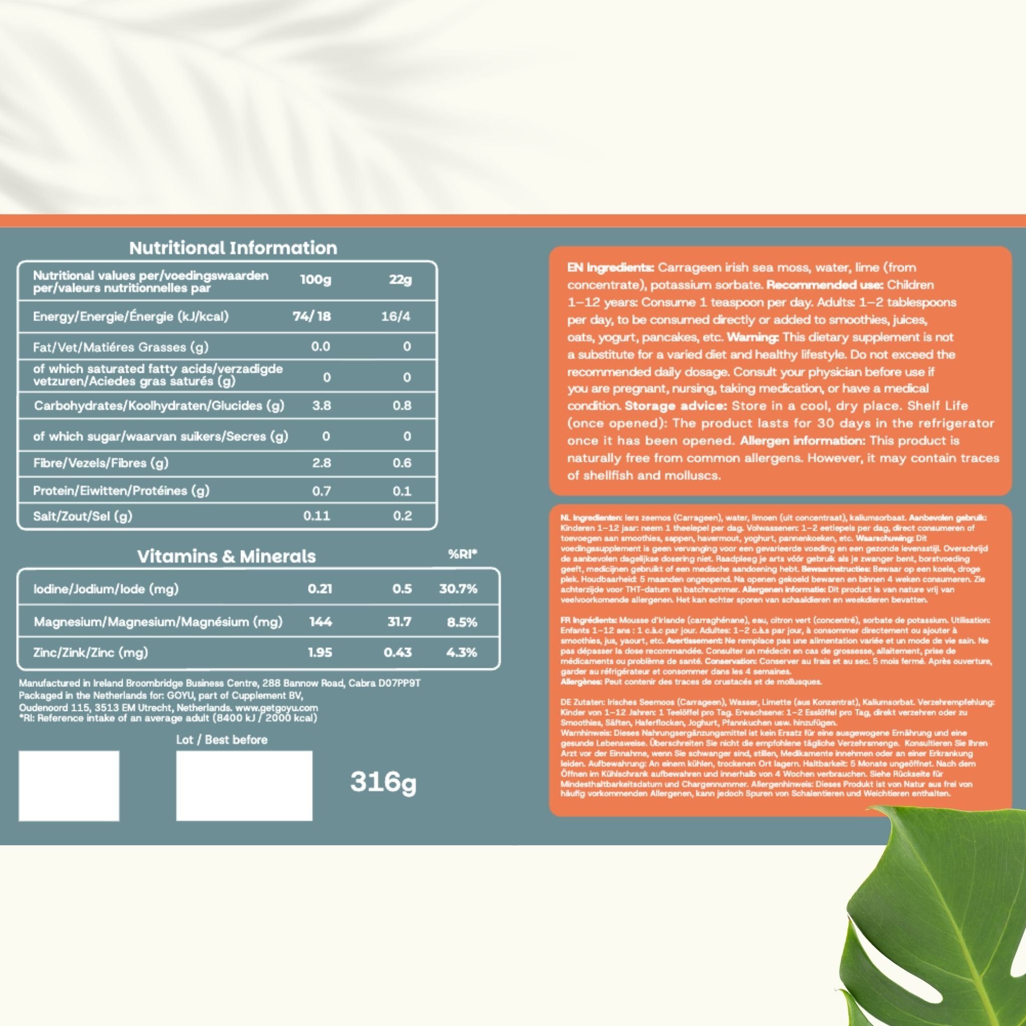 Nährwertinformationen und Inhaltsstoffe für GOYU Sea Moss Gel. Enthält 316g.