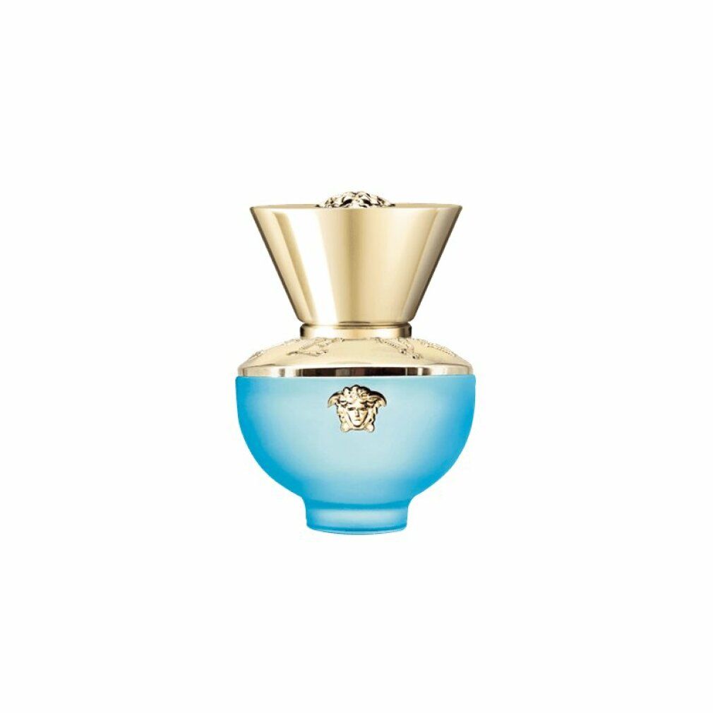 Versace Dylan Turquoise Eau De Toilette Flakon mit goldenem Verschluss und Medusa-Logo.