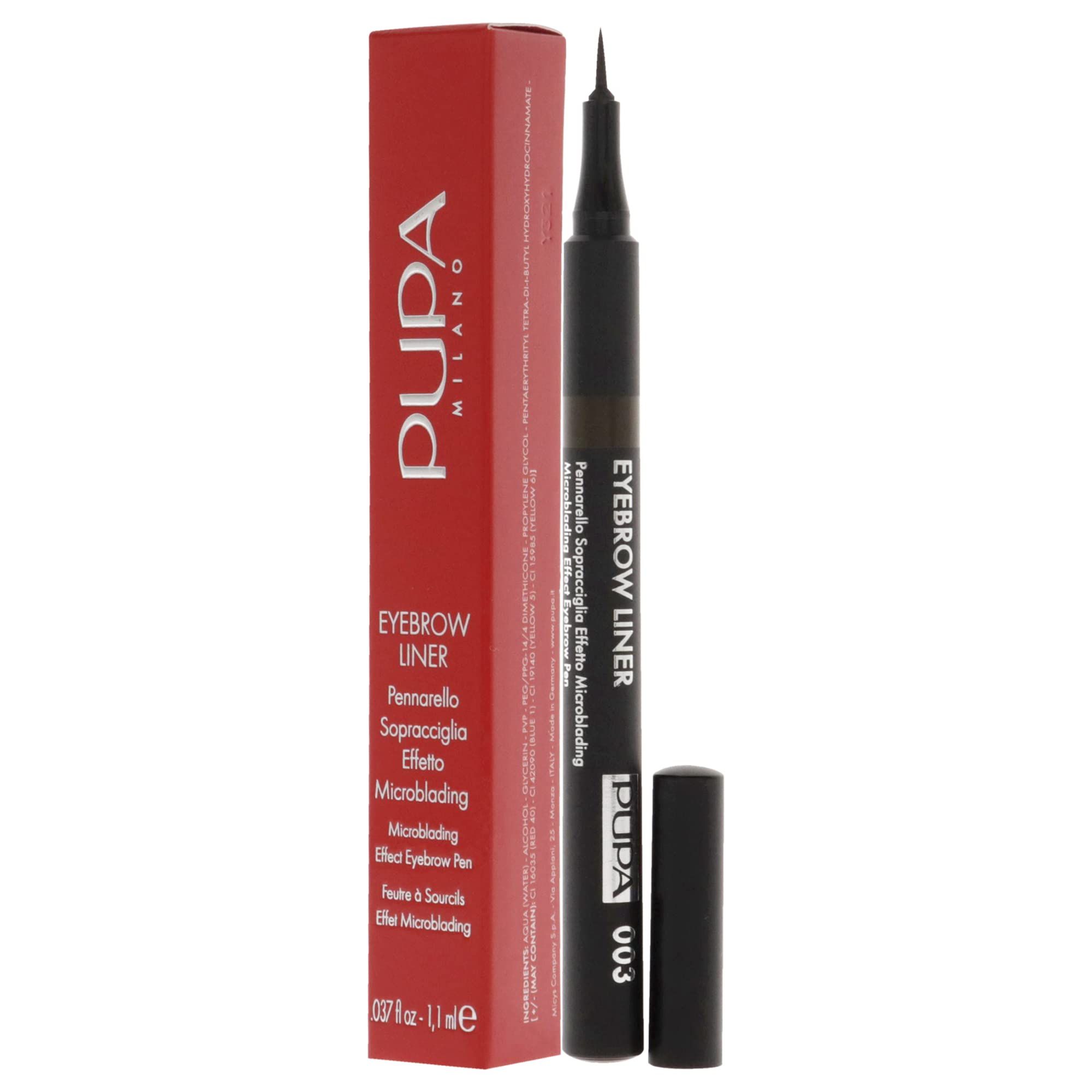 Pupa Eyebrow Liner 003 braun, Stift mit Kappe und roter Verpackung.