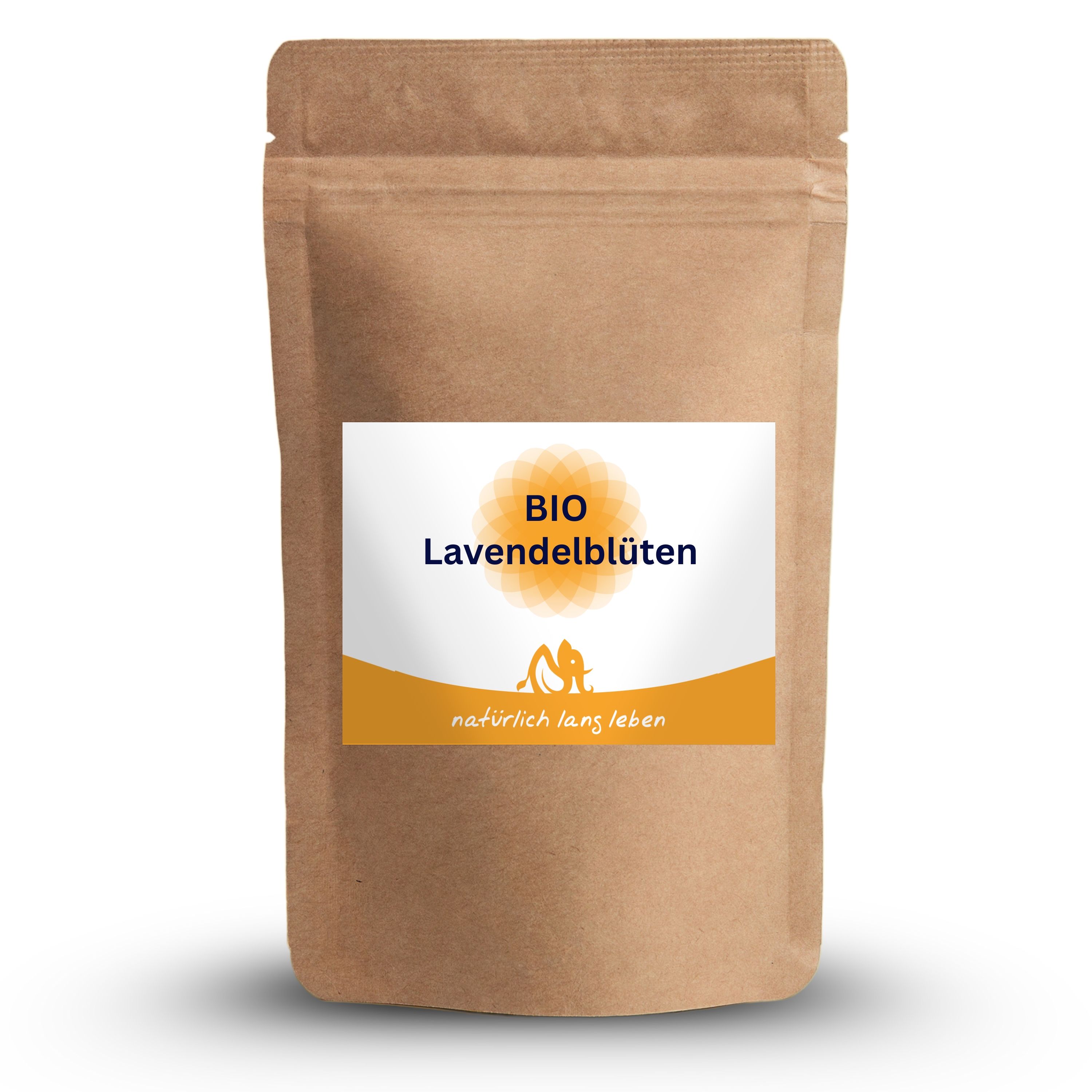 Braune Tüte mit Etikett. Aufschrift: BIO Lavendelblüten. Logo und Schriftzug: natürlich lang leben.