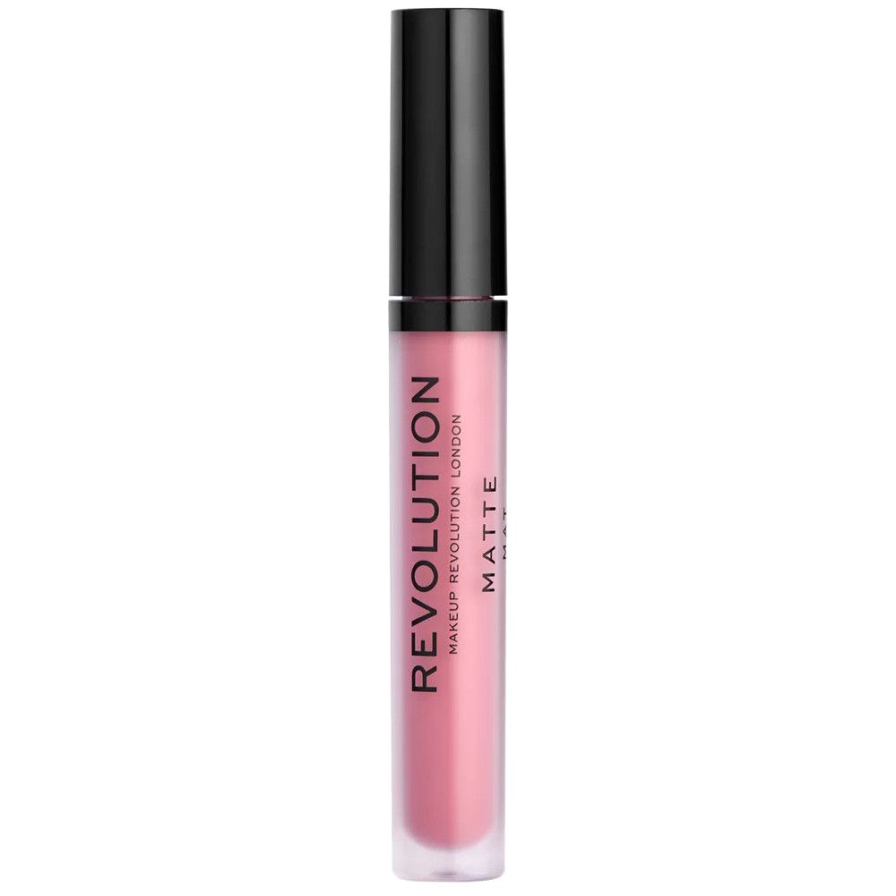 Lipgloss-Tube mit schwarzem Deckel. Aufschrift: REVOLUTION, MATTE. Rosa Inhalt sichtbar.
