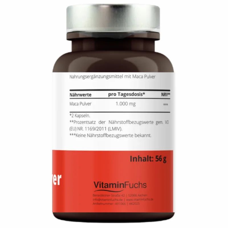 Braune Kapsel-Dose mit silbernem Deckel. Roter Streifen mit "VitaminFuchs" Logo. Aufschrift: Nahrungsergänzungsmittel mit Maca Pulver. Inhalt: 56 g. Nährwerttabelle.