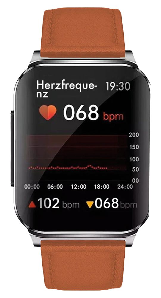 Smartwatch mit braunem Lederarmband. Schwarzes Display mit Herzfrequenzanzeige: 068 bpm. Uhrzeit: 19:30.