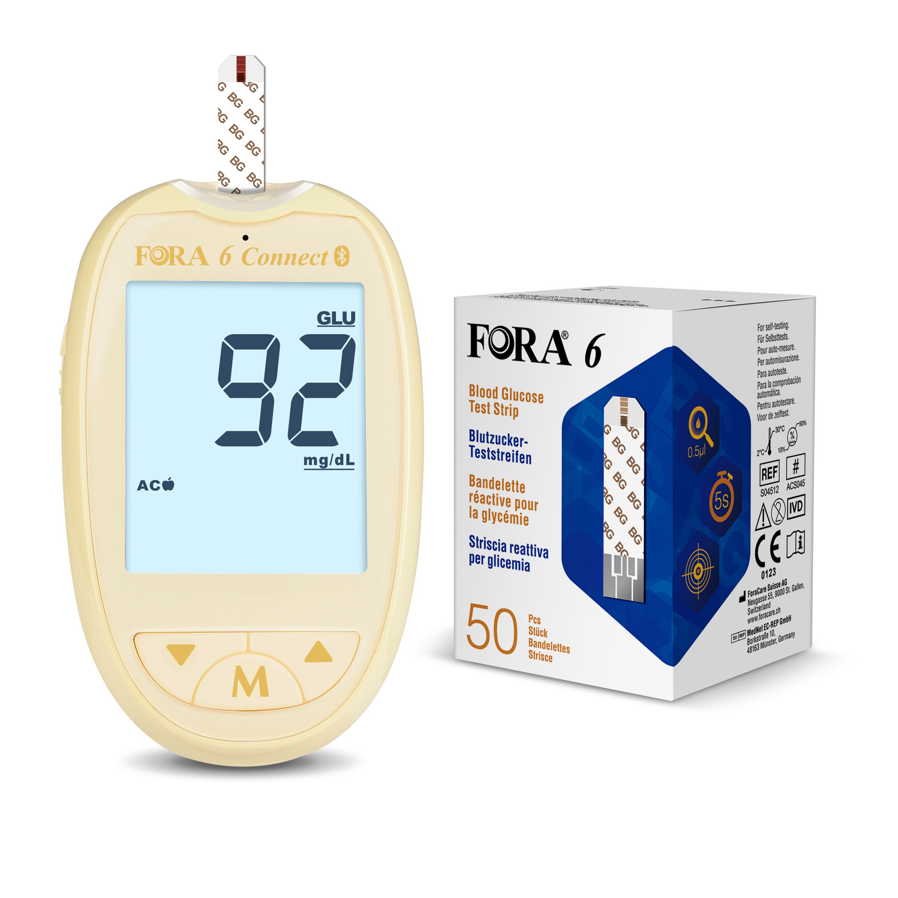 Blutzuckermessgerät mit Display, Wert 92 mg/dL. Daneben Schachtel mit Teststreifen. Aufschrift FORA 6.