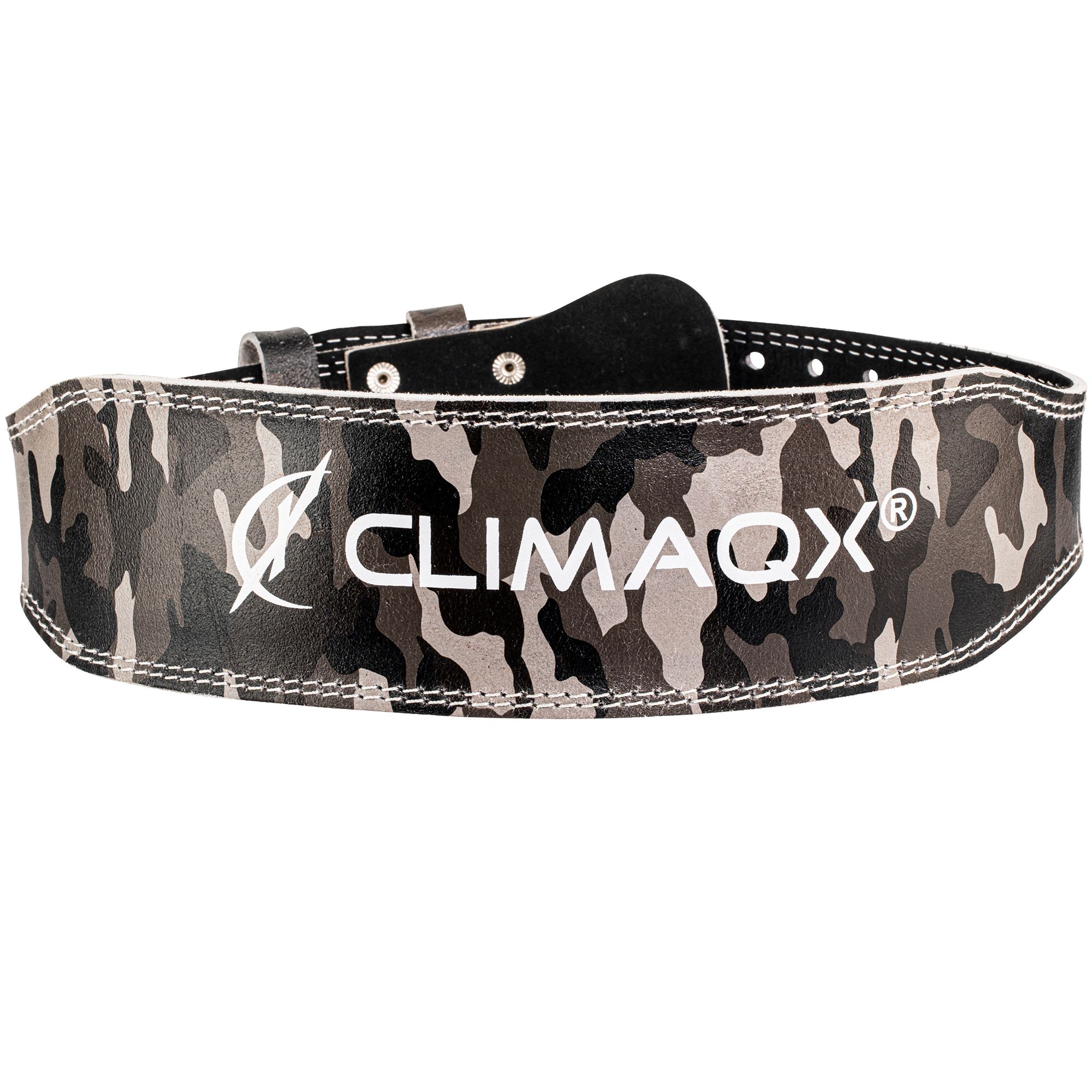 CLIMAQX Power Belt. Camouflage-Muster. Logo auf der Außenseite. Schwarze und graue Farbtöne. Rechteckige Form. Schnalle.