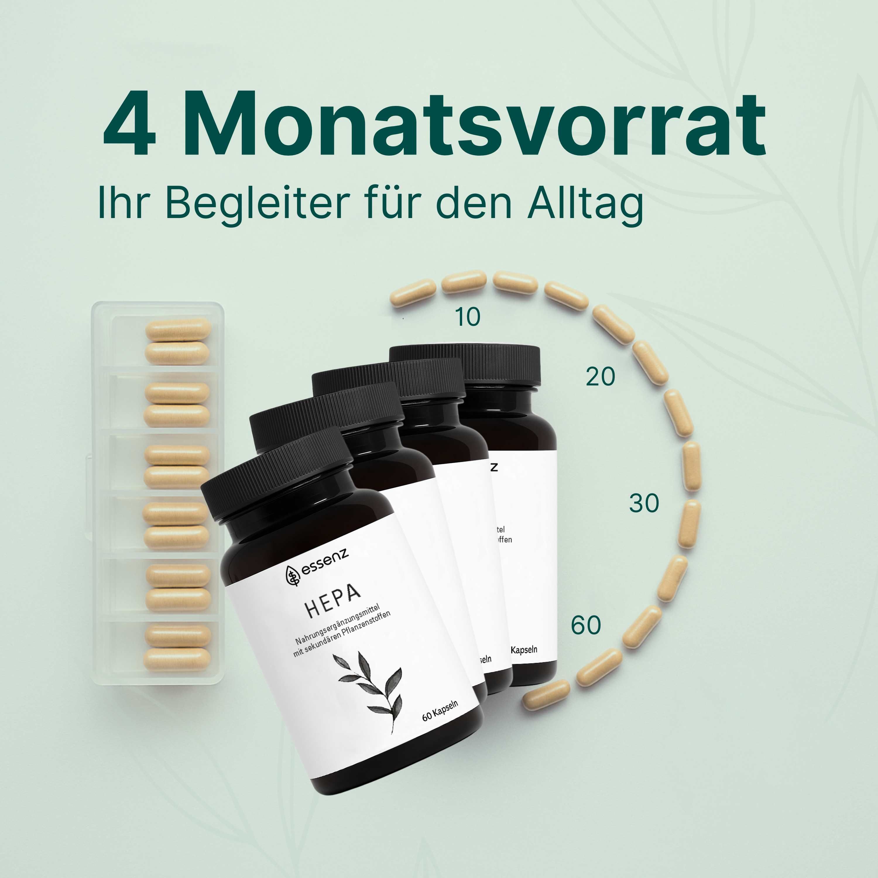 Drei braune Flaschen mit Kapseln. Aufschrift: ESSENZ HEPA. 4 Monatsvorrat. Kapseln in einer Tablettenbox. Kapseln.