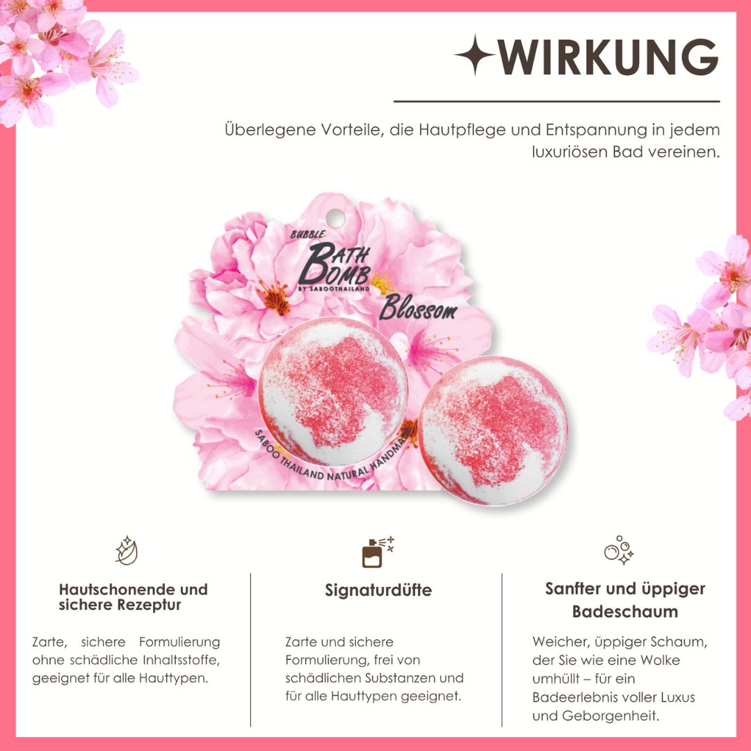 Zwei Badbomben mit Blütenmotiv. Text: Hautschonende Rezeptur, Signaturdüfte, sanfter Badeschaum. Logos: Bubble Bath Bomb Blossom.
