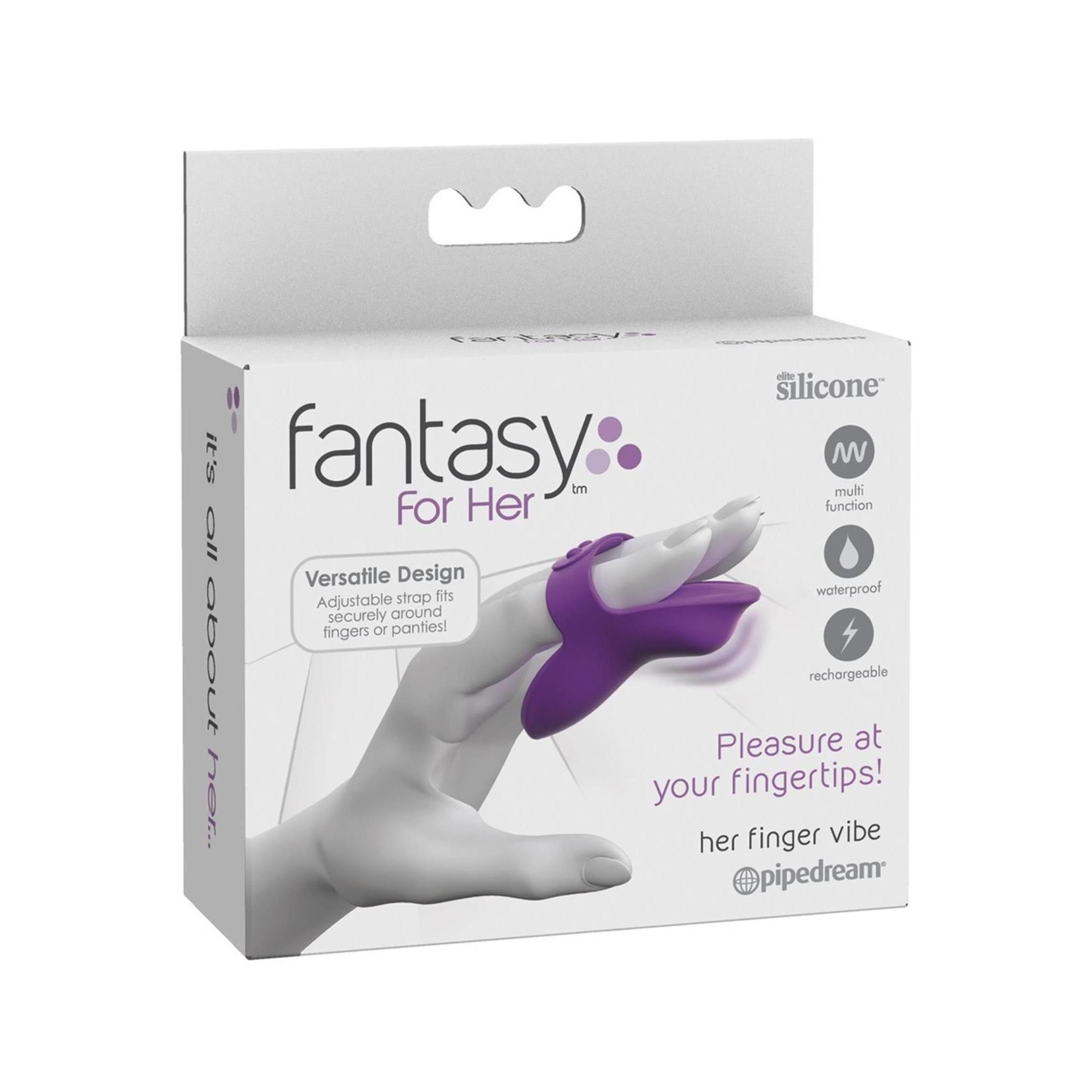 Verpackung. Finger-Vibe in der Hand. Text: Fantasy For Her, Silicone, Pleasure at your fingertips!