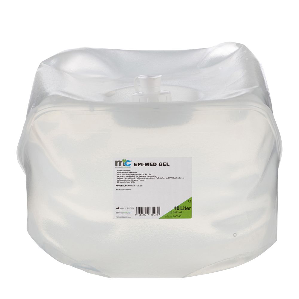 10 Liter EPI-MED GEL in transparenter Kunststoffverpackung mit Spenderventil.