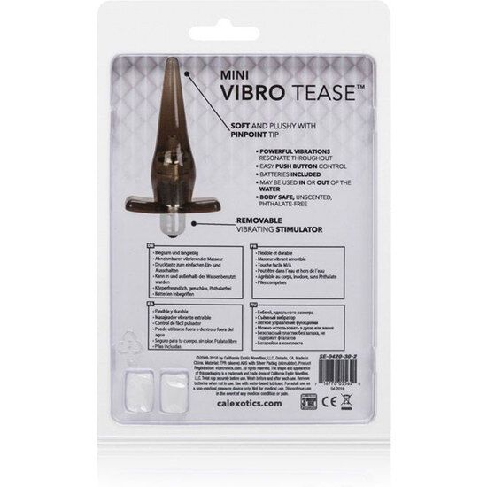 Rückseite der Verpackung. Analplug mit Basis. Text: Mini Vibro Tease, Flexible und robuste, Batterien enthalten.