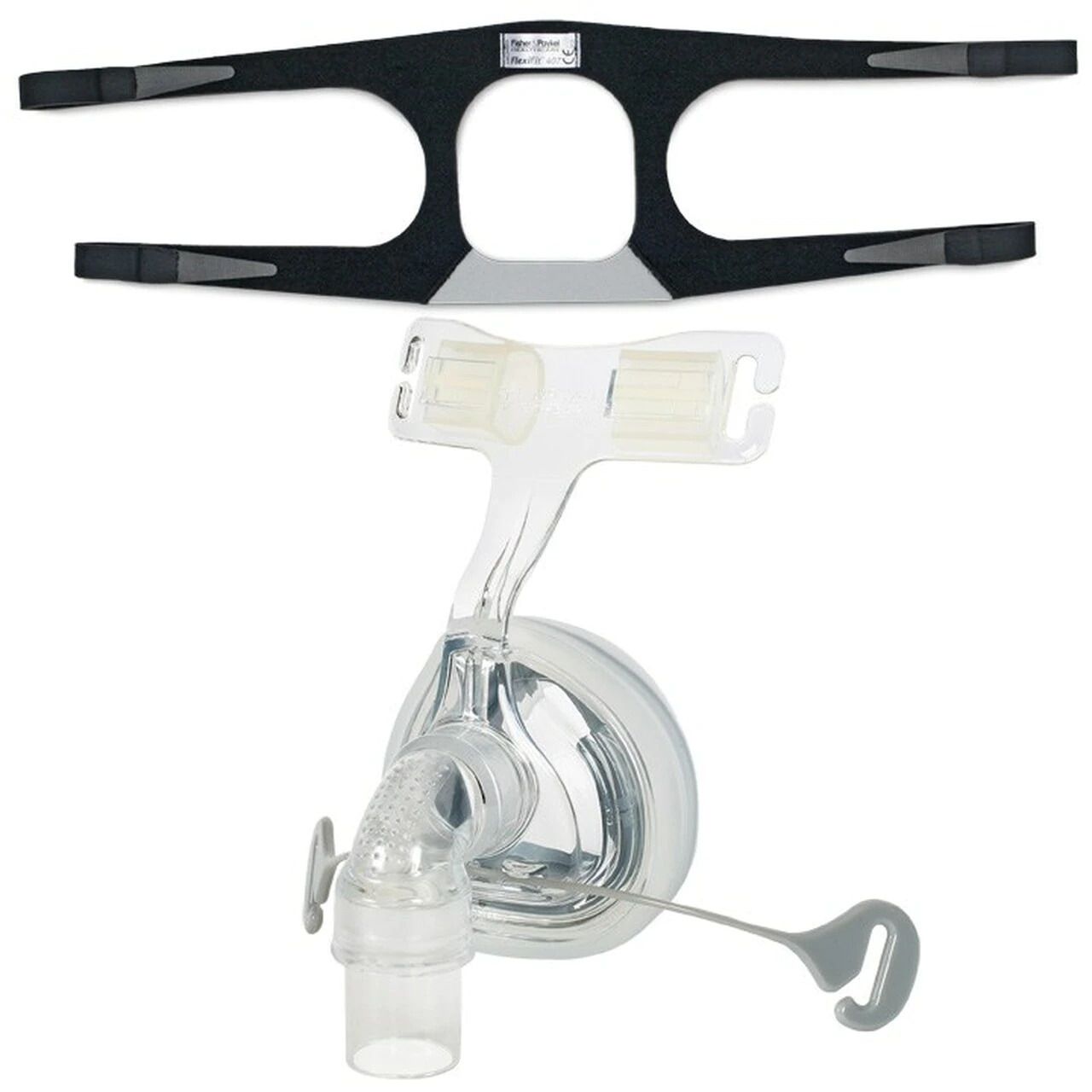 CPAP-Maske mit Kopfband und Schlauchanschluss.