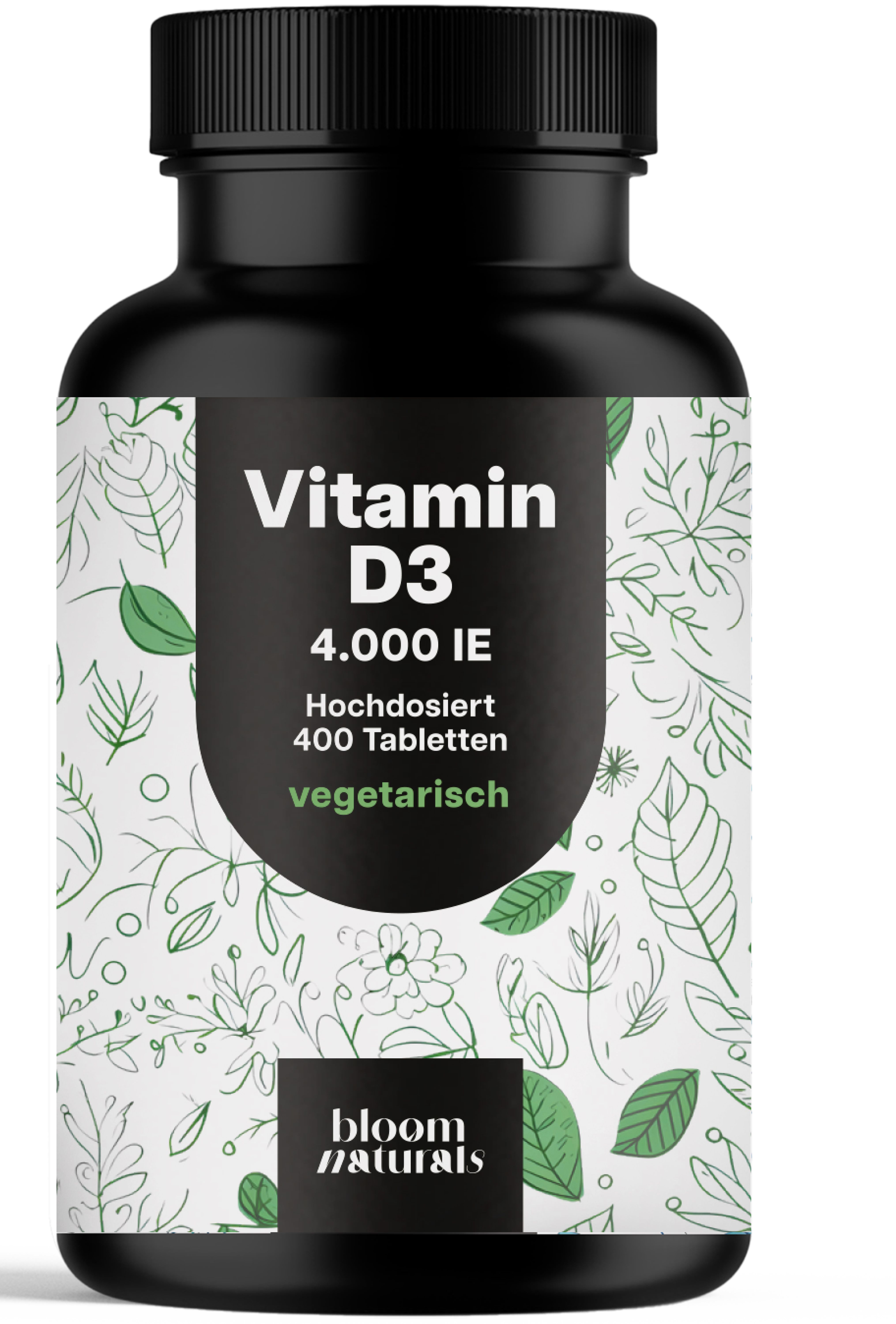 Schwarze Flasche mit Vitamin D3 Tabletten. Aufschrift: 4.000 IE, 400 Tabletten, vegetarisch. Marke: Bloom Naturals.