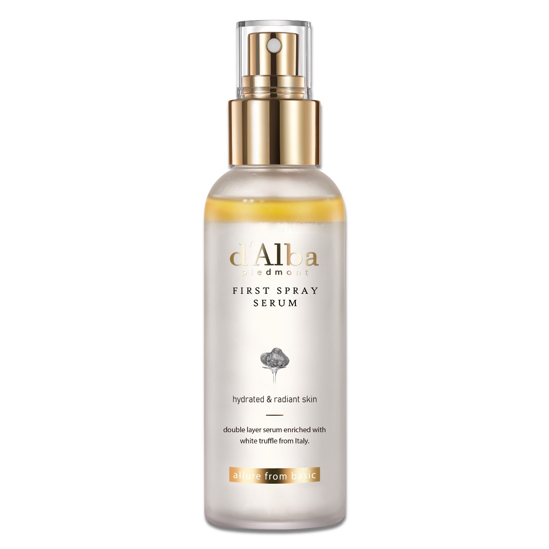 Gesichtsspray mit goldfarbenem Sprühkopf. Aufschrift: d'Alba, First Spray Serum. Text: hydrated & radiant skin, double layer serum.