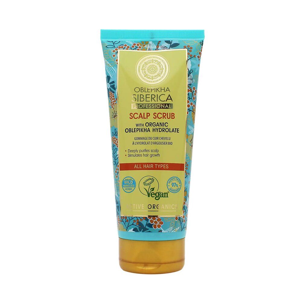 Tube Oblepikha Siberica Professional Scalp Scrub. Türkis-goldene Verpackung mit floralem Muster. Text: "All Hair Types" und "Vegan".