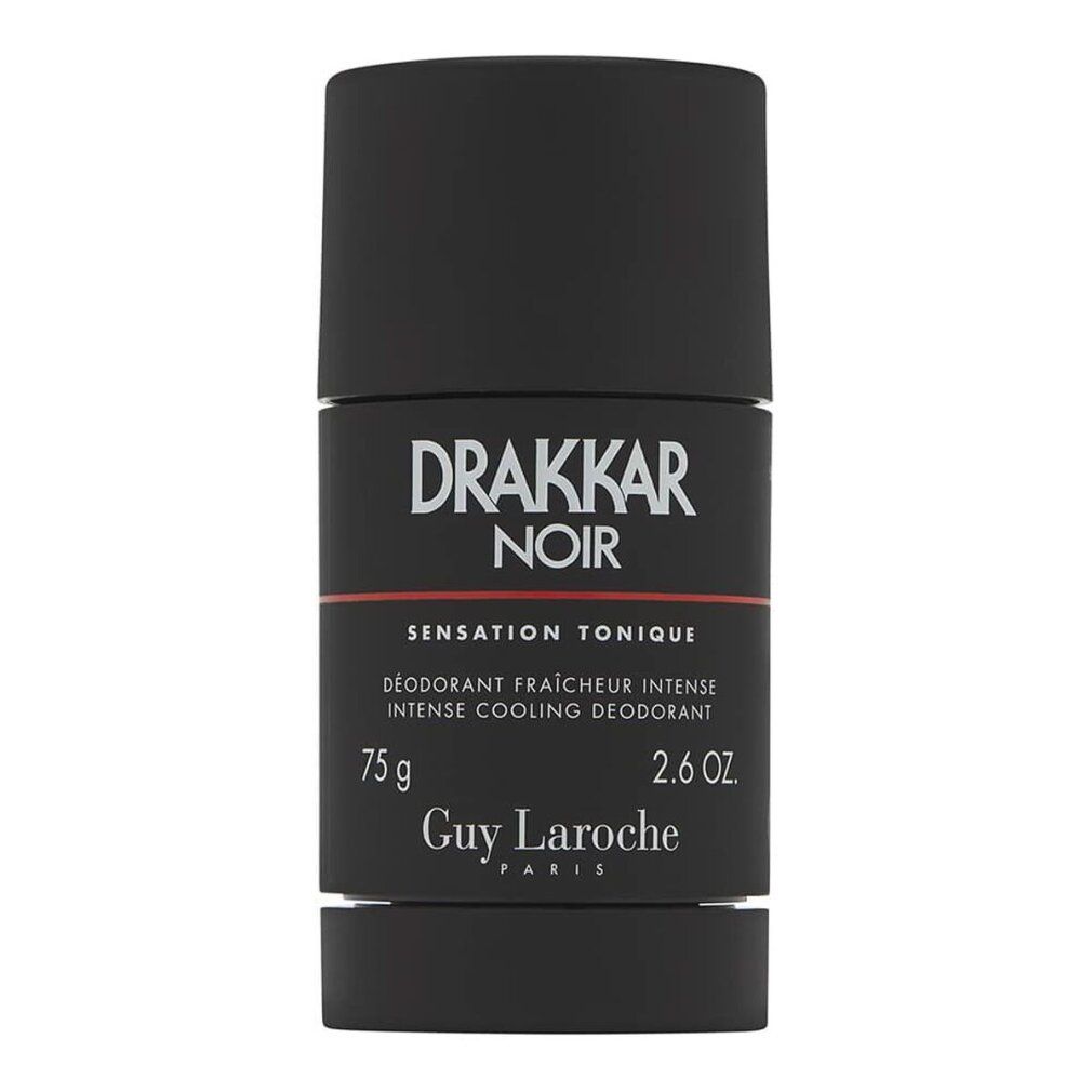 Schwarzer Deostift. Aufschrift: Drakkar Noir, Sensation Tonique, 75g, 2.6 OZ, Guy Laroche Paris. Zylindrische Form.