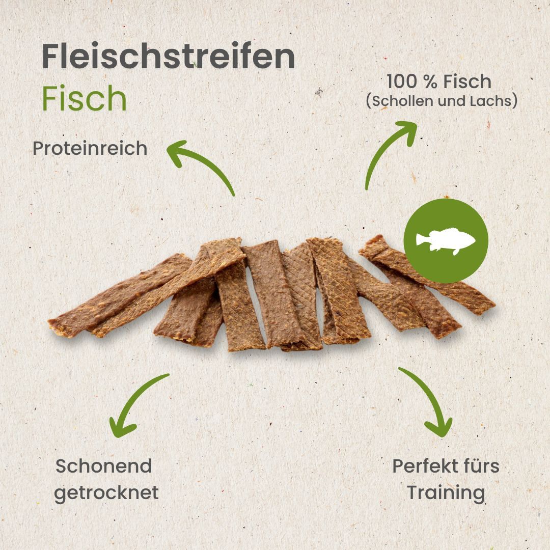 Fisch-Kauartikel für Hunde: proteinreich, schonend getrocknet, perfekt fürs Training, 100% Fisch.