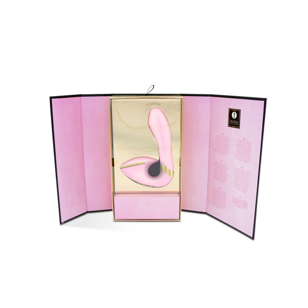 Geöffnete Geschenkbox mit rosa Vibrator und schwarzem Zubehör. Goldfarbene Innenseite.