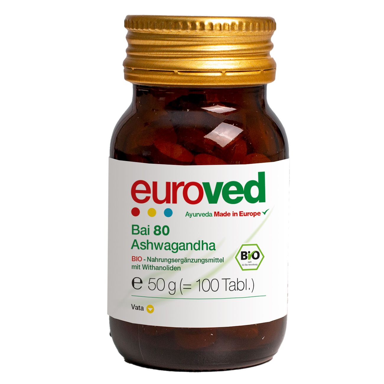 Braune Glasflasche mit goldfarbenem Deckel. Etikett mit Produktinformationen, "euroved" und Bio-Siegel. Enthält Tabletten.