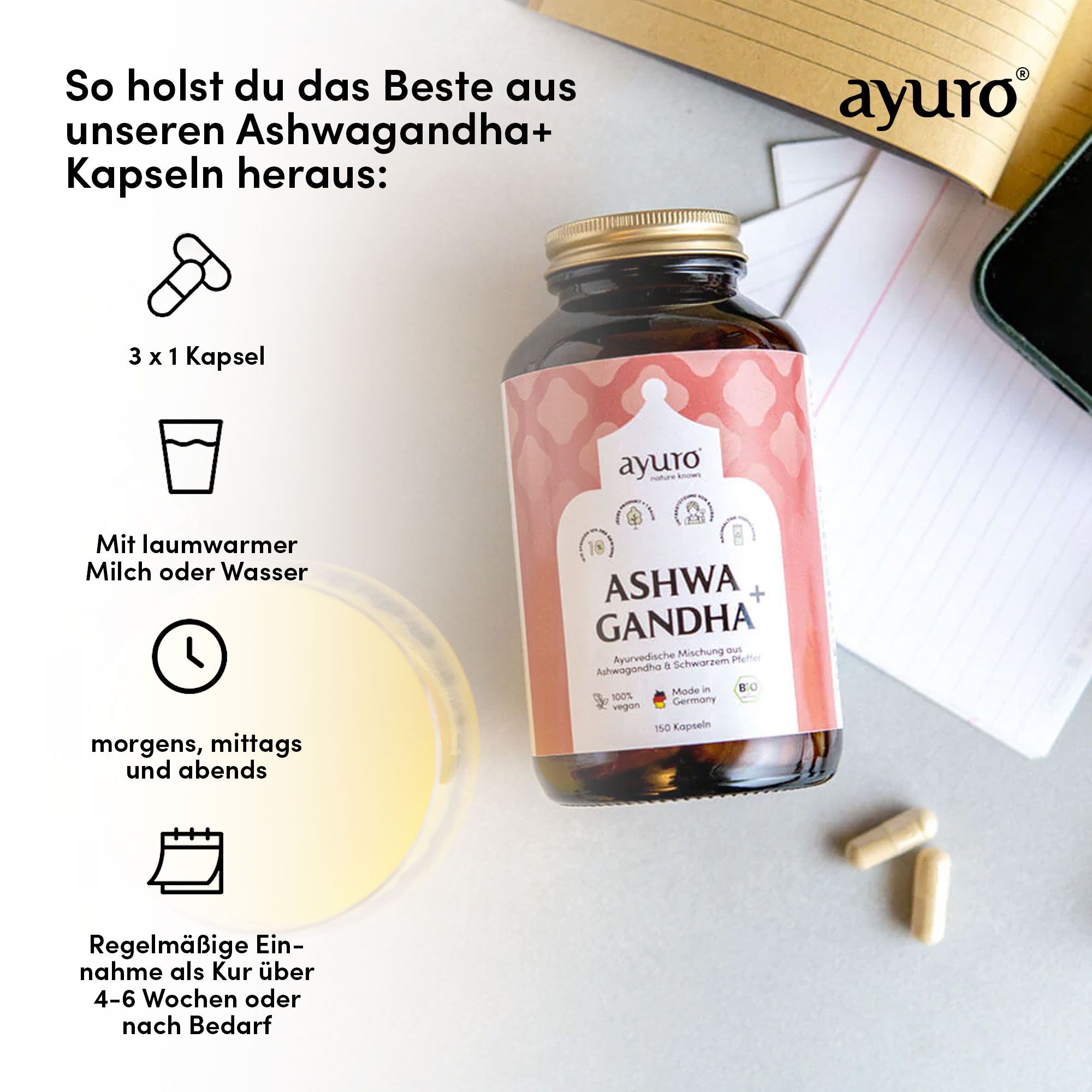 Produktflasche neben Kapseln und Notizen. Text: "So holst du das Beste aus unseren Ashwagandha+ Kapseln heraus".