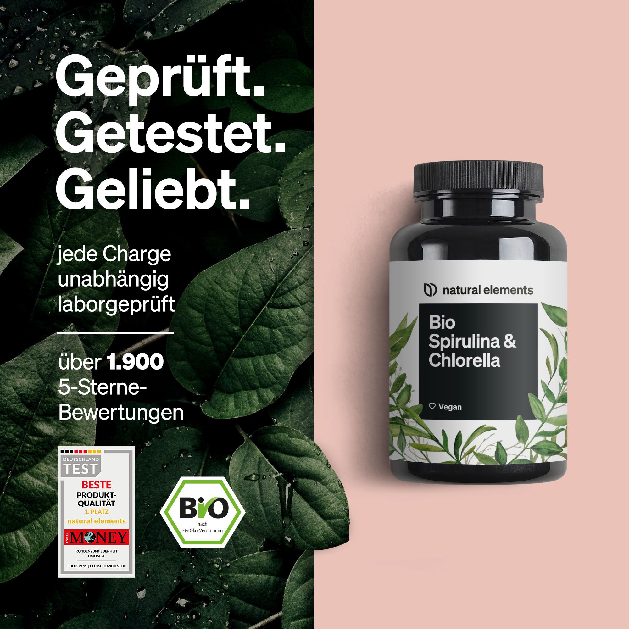 Schwarze Flasche mit weißem Etikett. Text: Bio Spirulina & Chlorella. Vegan-Logo. Bio-Siegel. Test-Siegel.