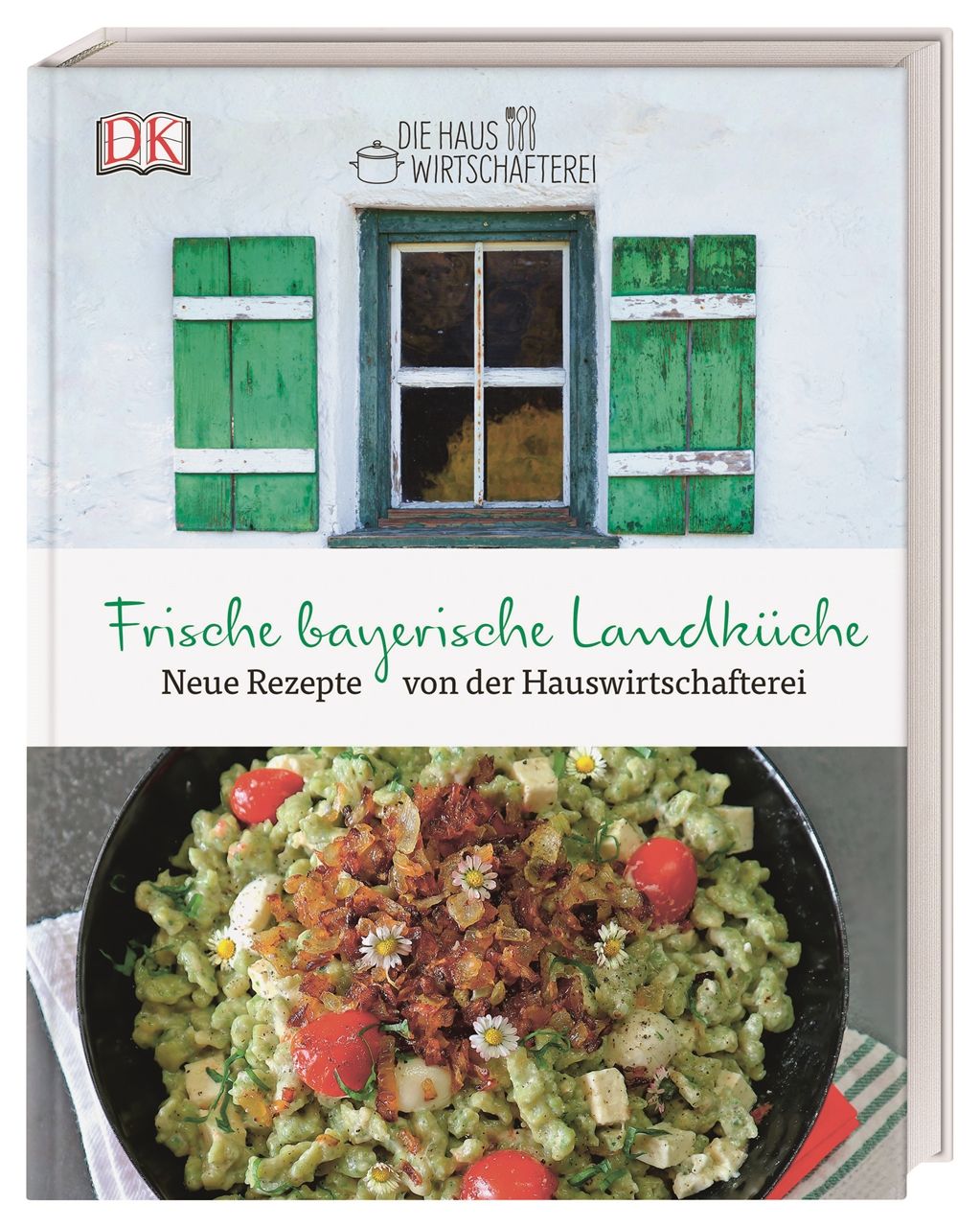 Buch mit dem Titel "Frische bayerische Landküche". Auf dem Cover: Illustration eines Hauses mit grünen Fensterläden und Essen.