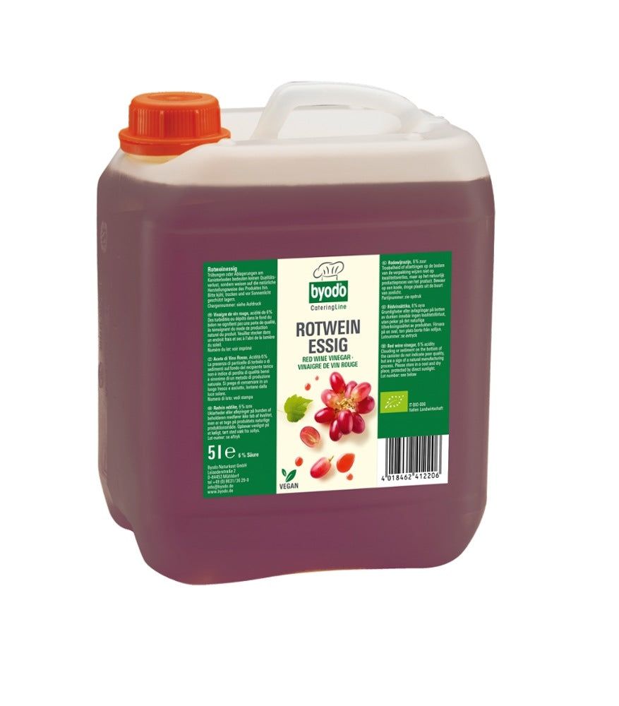 BYODO Rotweinessig Bio in 5l Kanister. Roter Essig in quadratischem Behälter mit Griff und Schraubverschluss. Label mit Produktinformationen.
