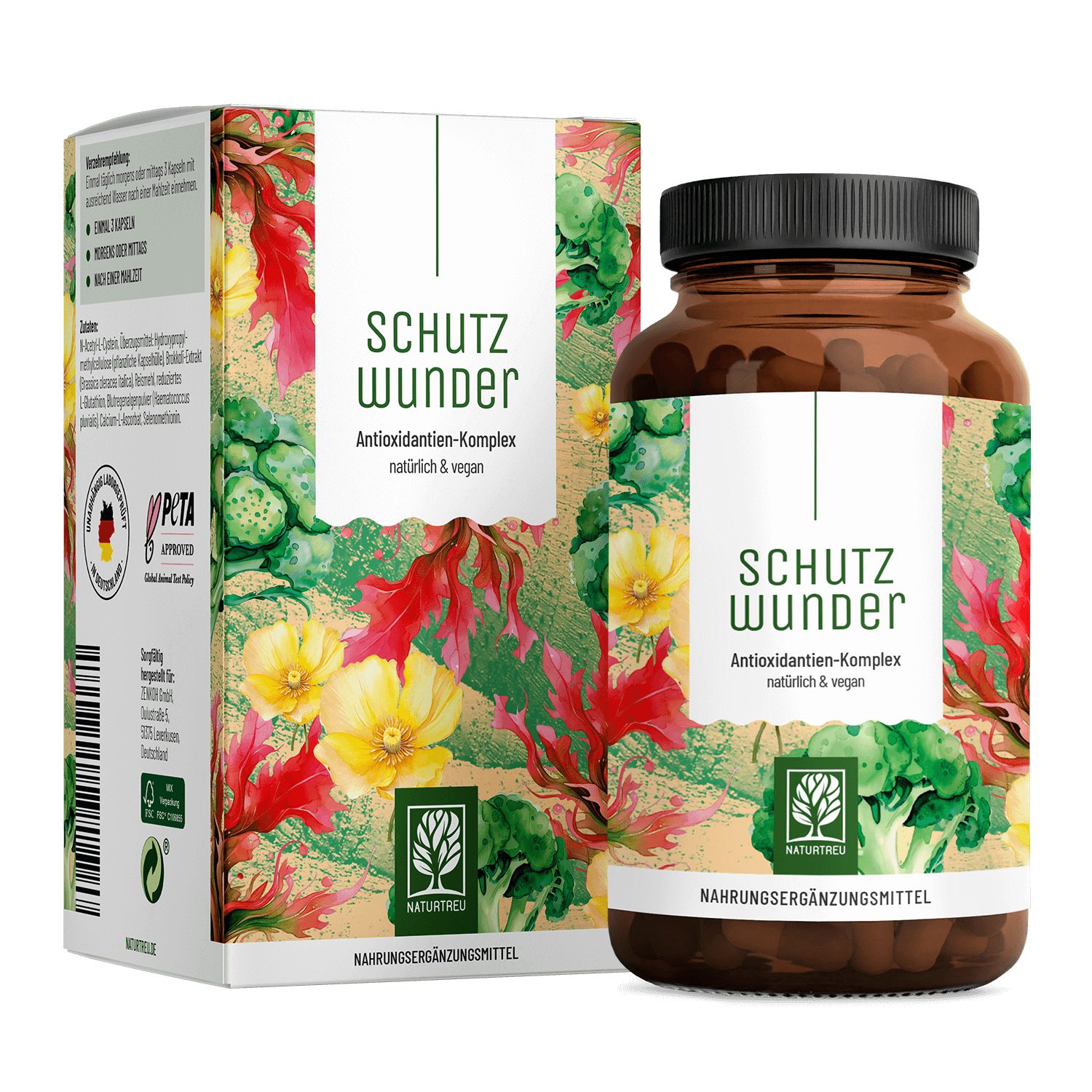 Braune Flasche und Schachtel mit Produktaufdruck. PETA-Logo. Schriftzug: SCHUTZWUNDER Antioxidantien-Komplex.