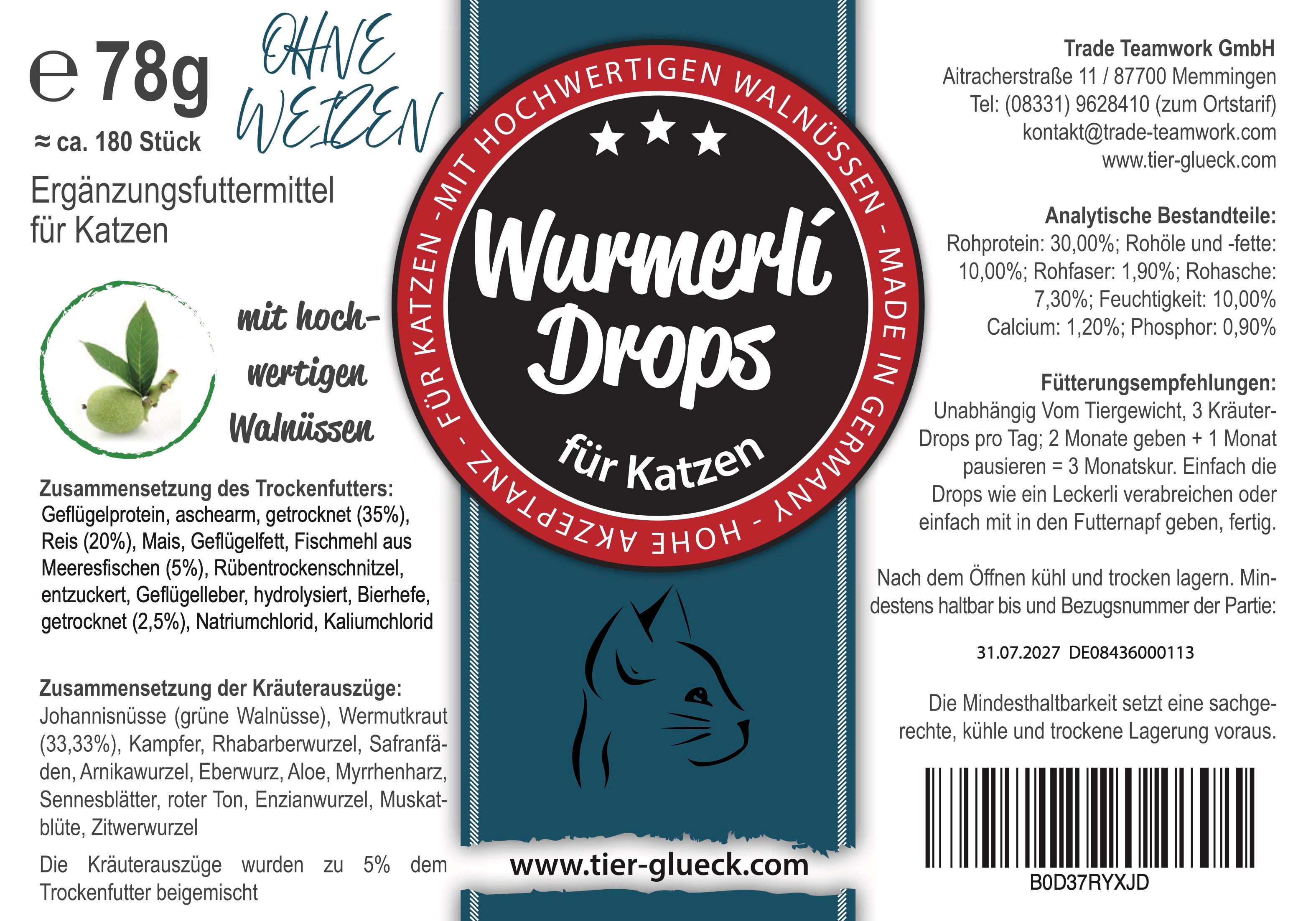 Nahaufnahme des Produktetiketts. Text: Wurmerli Drops für Katzen, mit hochwertigen Walnüssen.