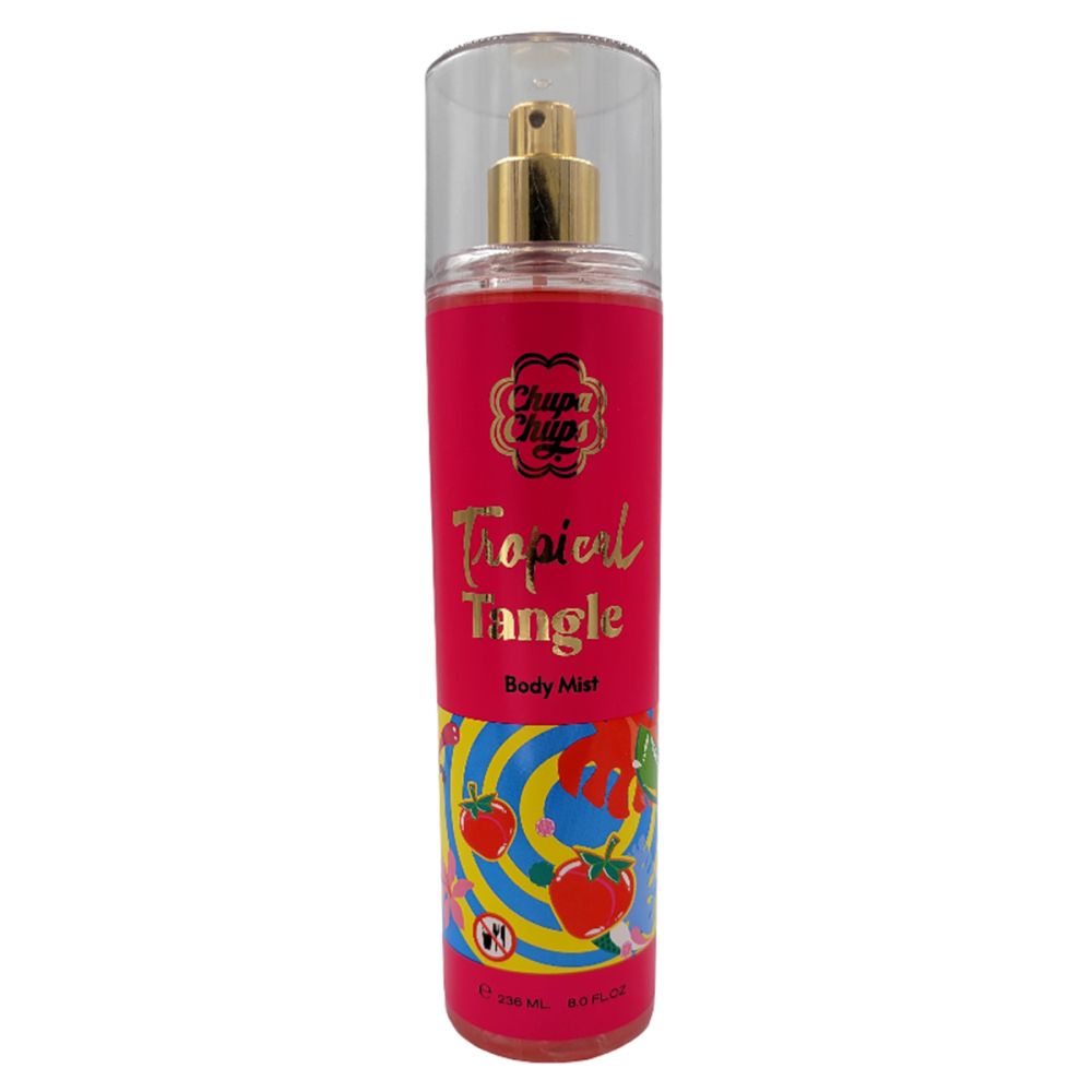 Körperspray mit rosa Flasche, goldfarbenem Sprühkopf und transparentem Deckel. Mit Logo und Schriftzug Tropical Tangle.