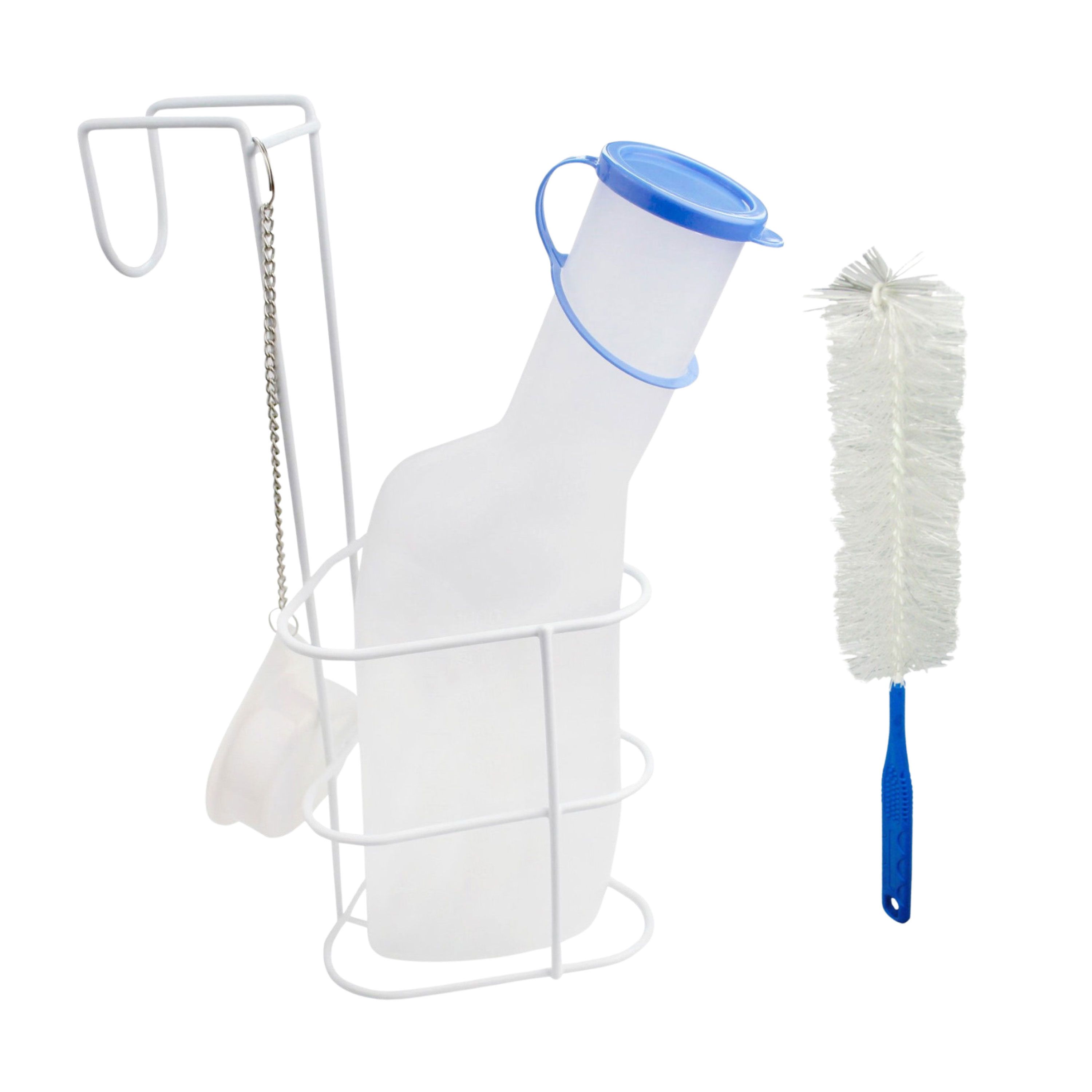 Urinflasche mit blauem Deckel, Halterung und Reinigungsbürste. Milchiges Material. Bürste mit blauem Griff. Halterung weiß.