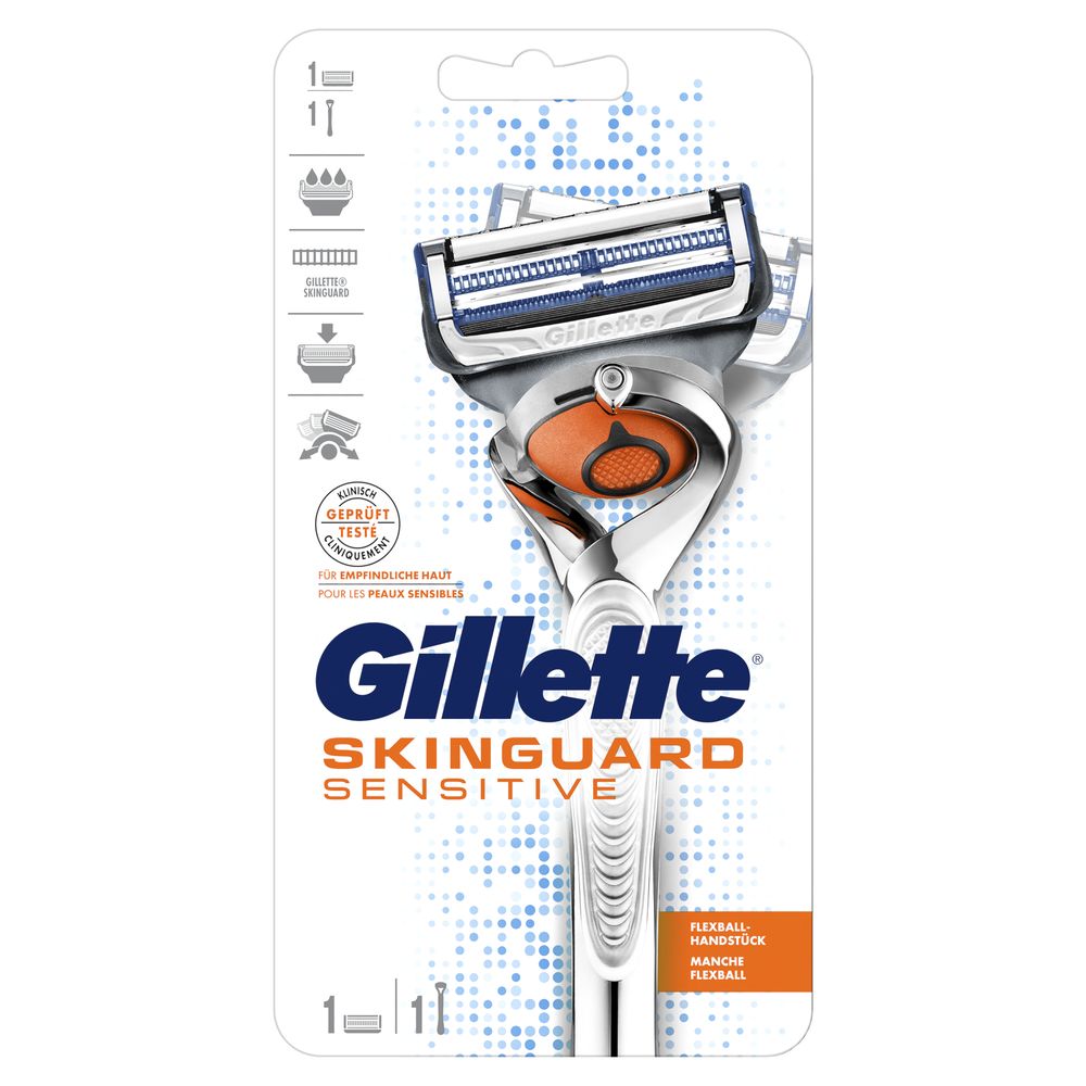 Gillette SkinGuard Sensitive Rasierer in Verpackung. Weiß-grauer Griff, orangefarbener Akzent. Produktname und Logo sichtbar.