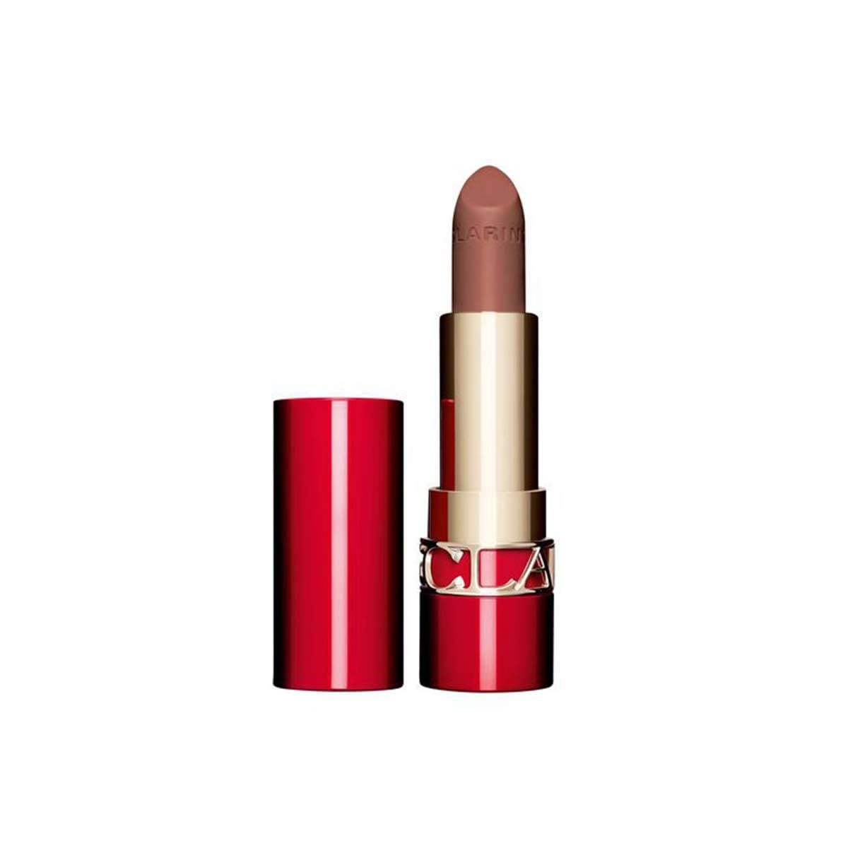 Lippenstift mit roter Hülse und goldener Basis. Der Lippenstift ist geöffnet und zeigt eine beige Farbe. Clarins-Logo.