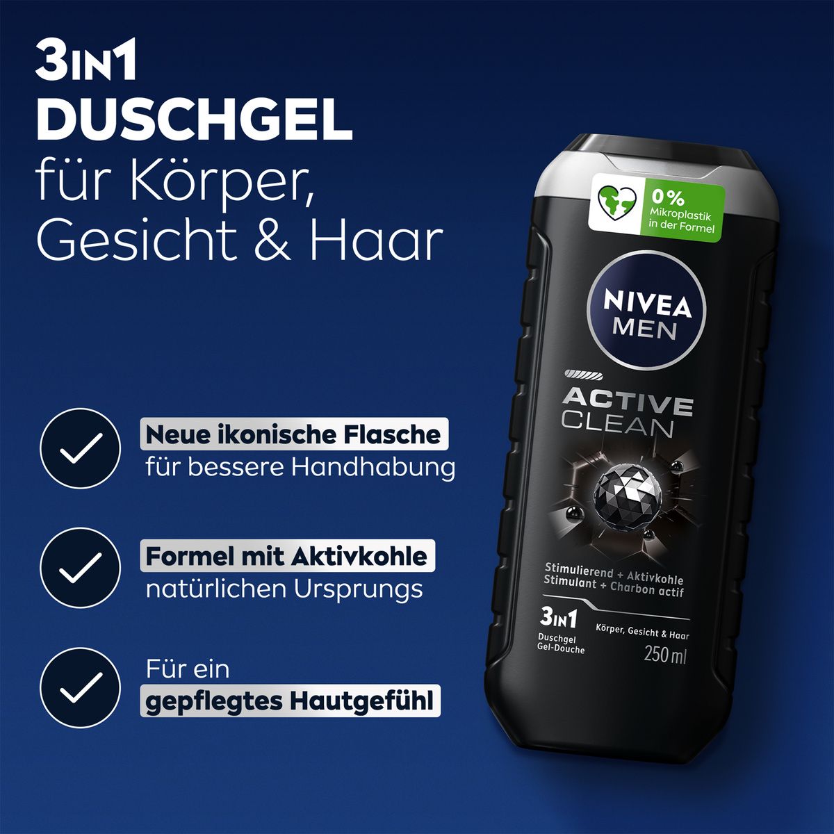 NIVEA MEN Pflegedusche Active Clean Duschgel Aktivkohle 3in1 Haut Haar
